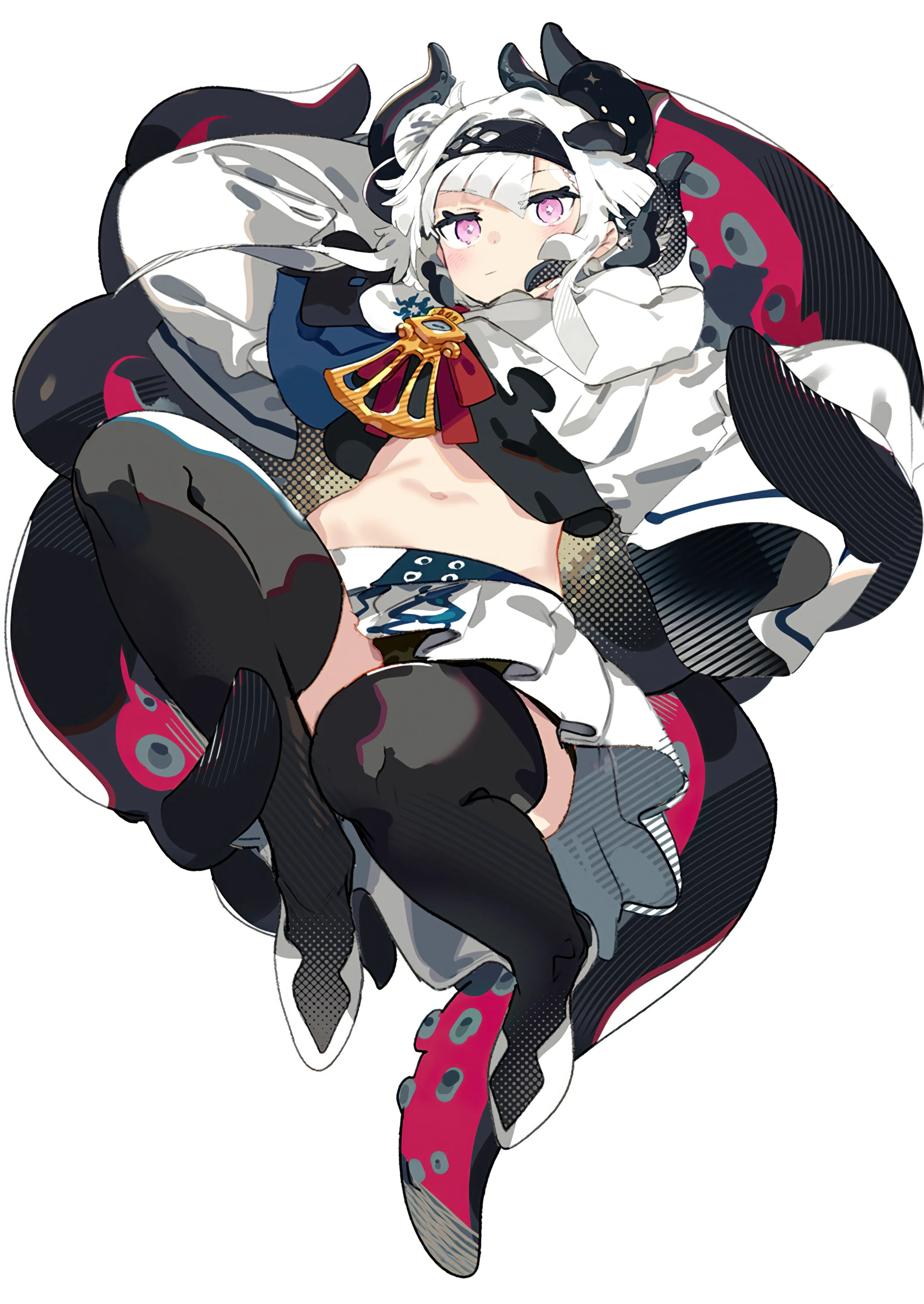 1girl,bangs,solo,closed_mouth,headband,simple_background,white_hair,white_skirt,white_background,white_footwear,looking_at_viewer,skirt,vertical,pink_eyes,purple_eyes,navel,horns,tentacles,thighhighs,long_sleeves,midriff,crop_top,black_thighhighs