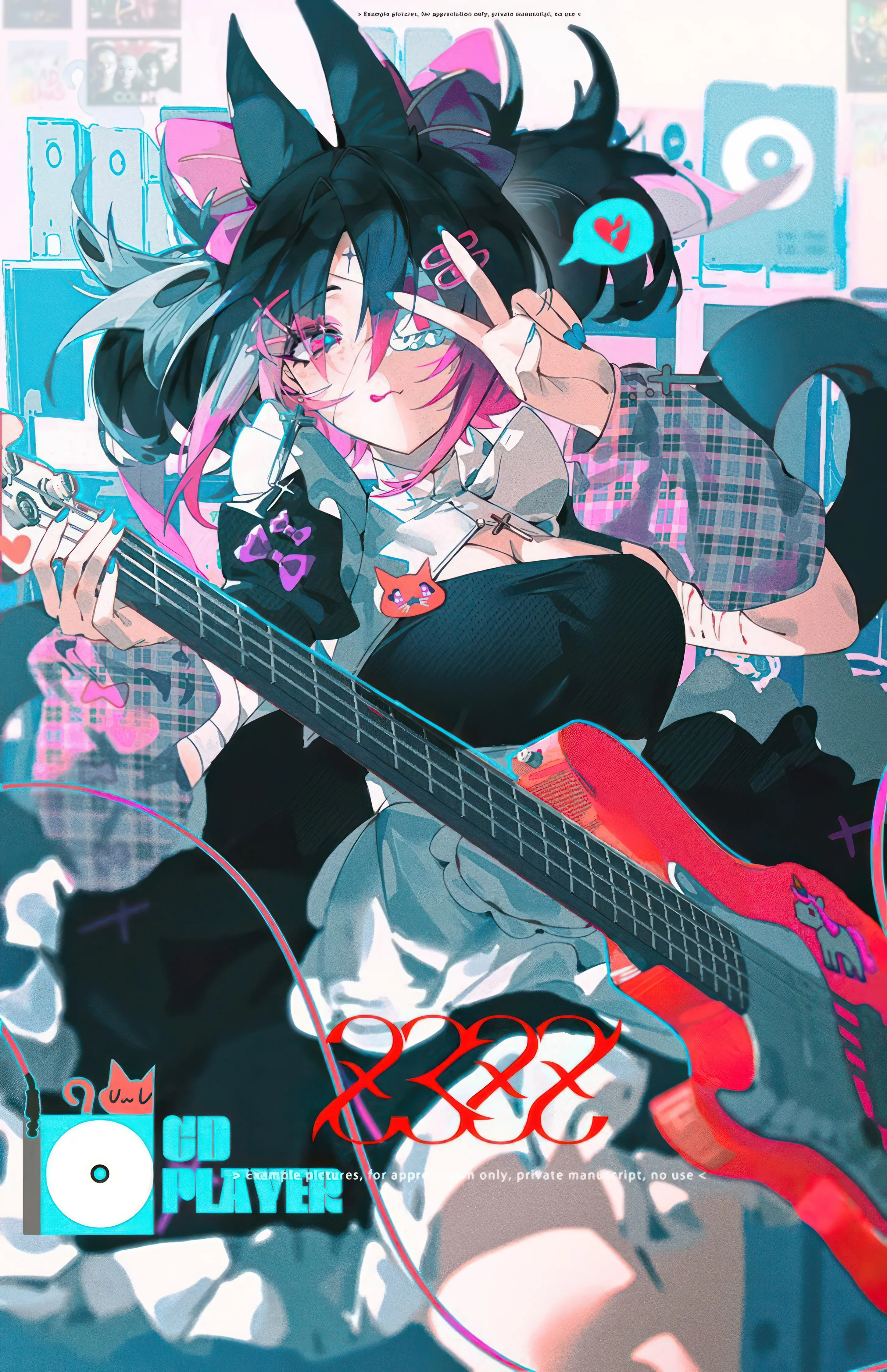 1girl,x_hair_ornament,instrument,breasts,cleavage,animal_ears,bangs,bandaid,solo,two-tone_hair,twintails,hairclip,guitar,apron,multicolored_hair,hair_ornament,maid,spoken_heart,tail,hair_between_eyes,heart,holding,v,cat_tail,cat_ears,electric_guitar,looking_at_viewer,vertical,smile,pink_hair,pink_eyes,bandages,animal_ear_fluff,blush,frills,bow,hair_bow,large_breasts,dress,black_hair,black_dress