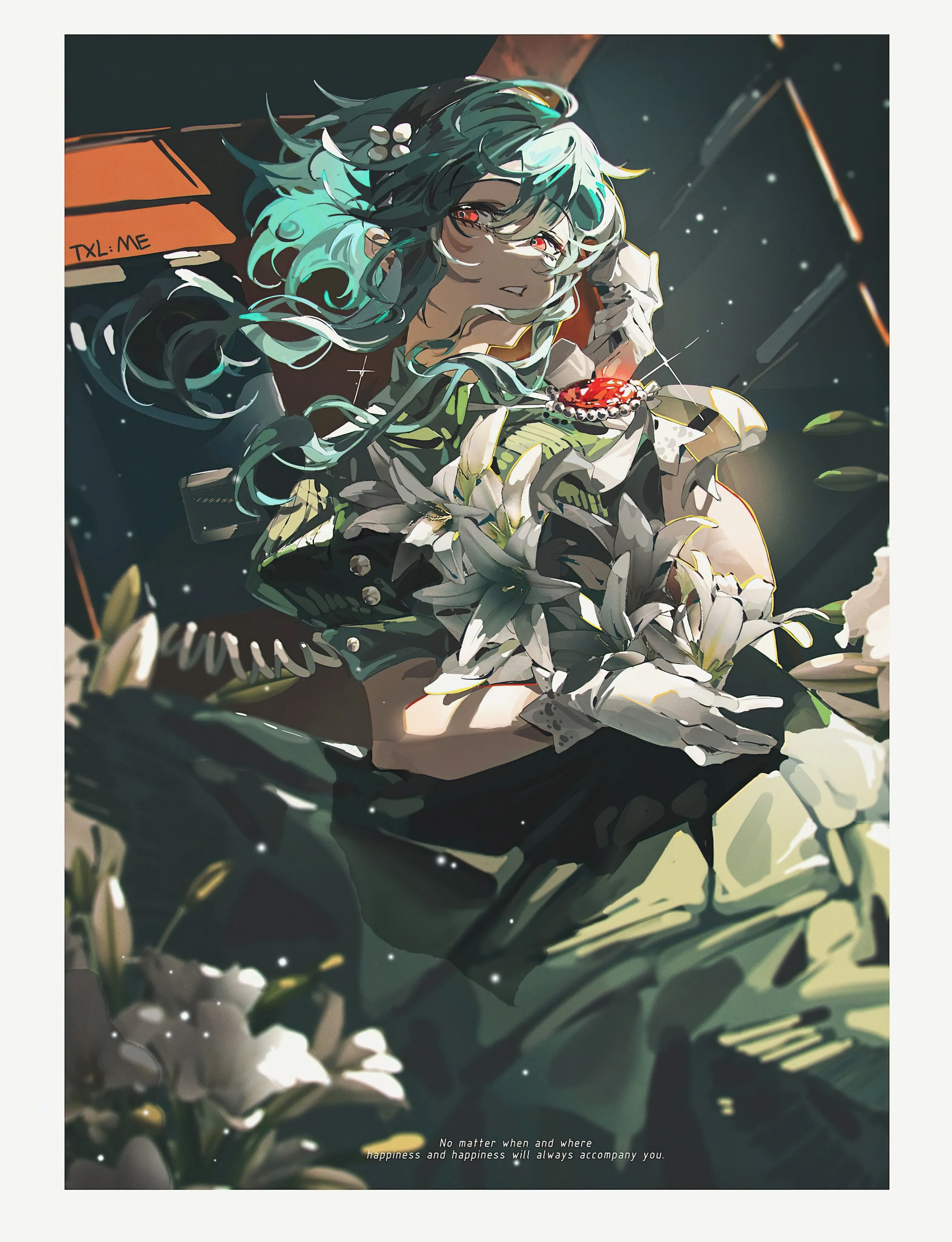 1girl,bangs,solo,hairband,hair_flower,hair_ornament,parted_lips,gloves,holding,holding_flower,jewelry,white_gloves,white_flower,looking_at_viewer,short_sleeves,vertical,red_eyes,green_hair,green_dress,dress,long_hair,floating_hair,flower