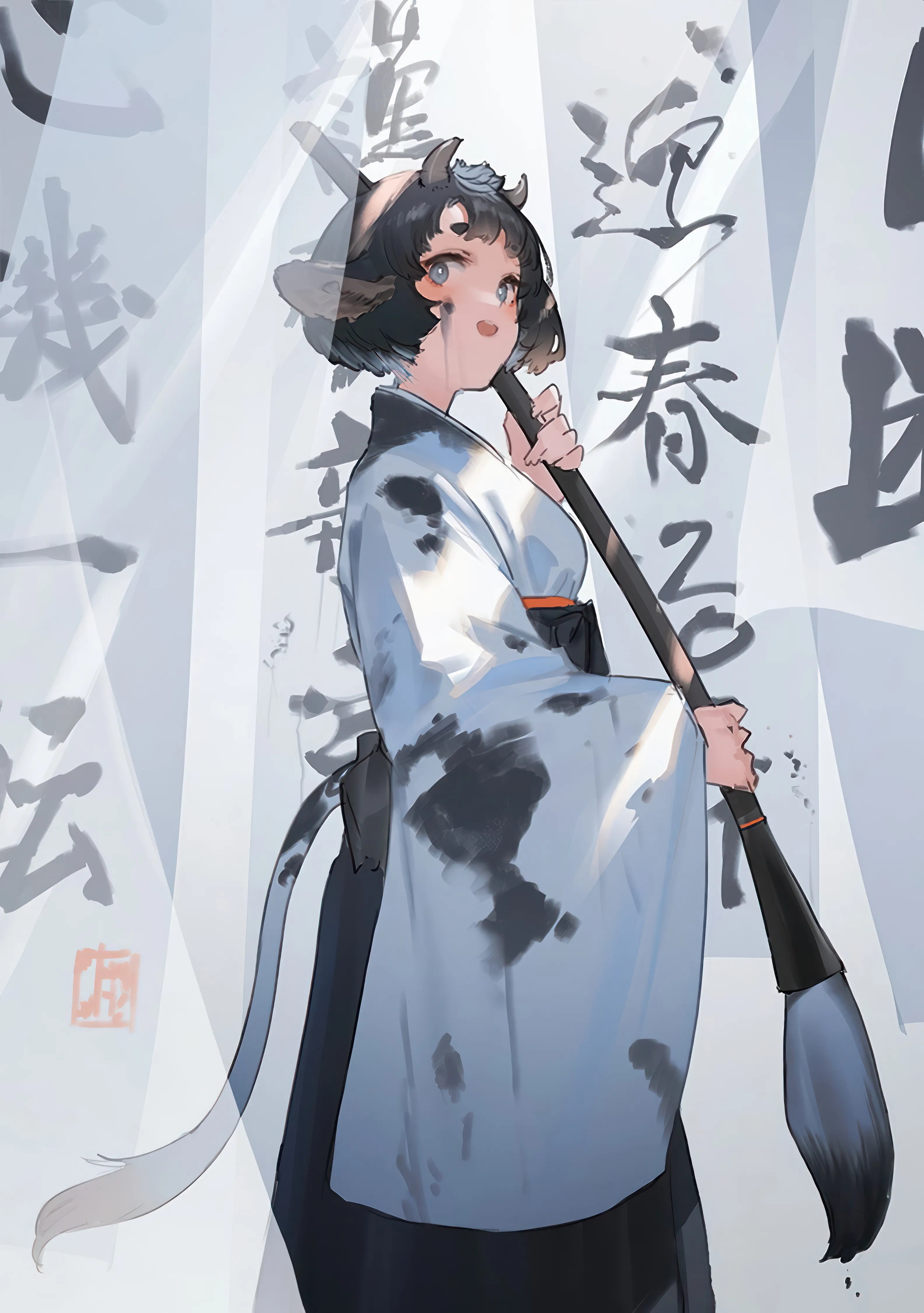 1girl,animal_ears,bangs,chinese_zodiac,solo,kimono,ink,wide_sleeves,tail,open_mouth,holding,holding_paintbrush,holding_brush,new_year,japanese_clothes,calligraphy_brush,cow_girl,cow_tail,year_of_the_ox,cow_ears,cow_horns,looking_at_viewer,short_hair,skirt,vertical,standing,smile,paintbrush,blue_eyes,hakama,horns,long_sleeves,black_hair