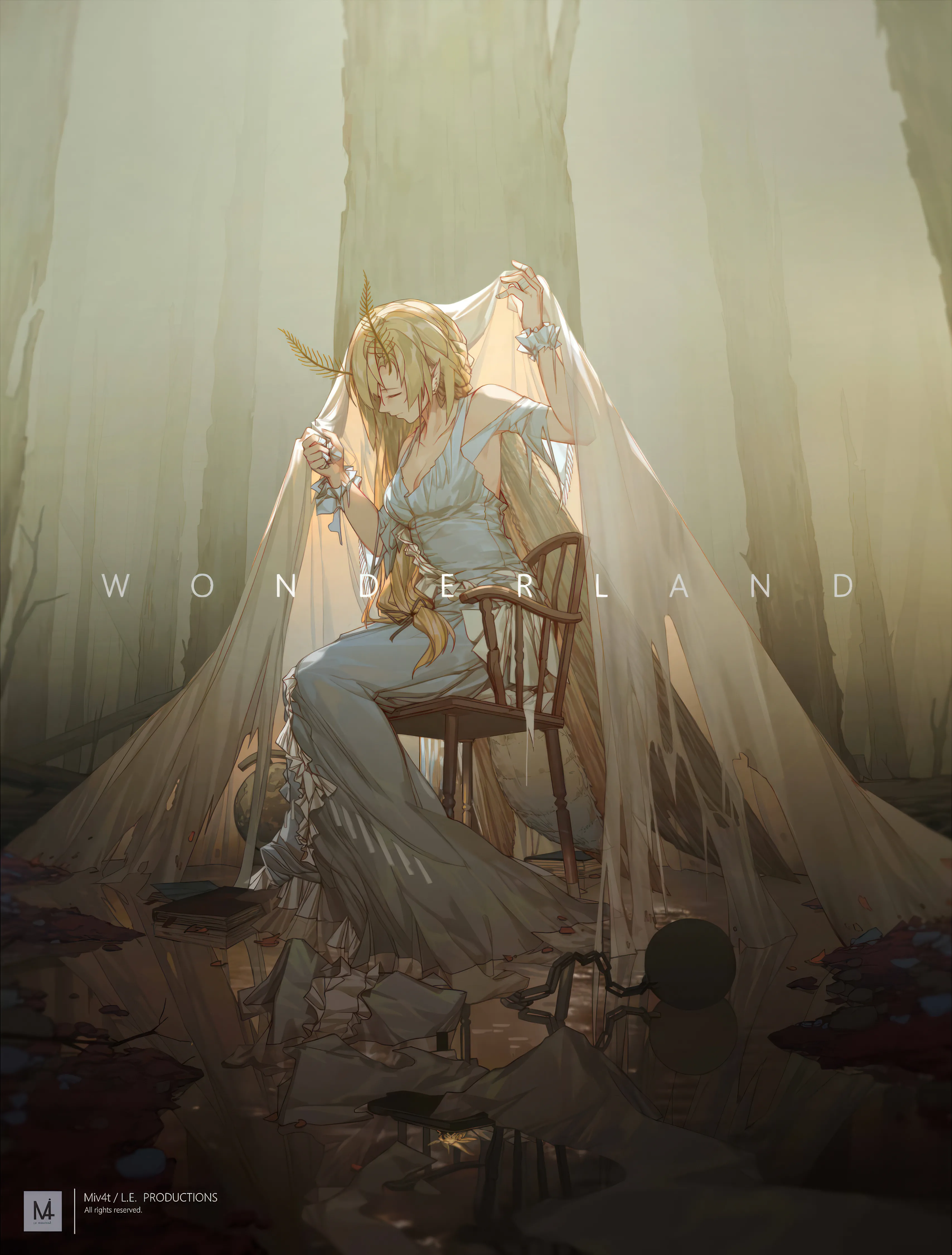 1girl,medium_breasts,breasts,cleavage,artist_name,solo,closed_eyes,sitting,very_long_hair,holding,chair,white_dress,vertical,english_text,blue_dress,horns,dress,blonde_hair,long_hair,long_dress,veil