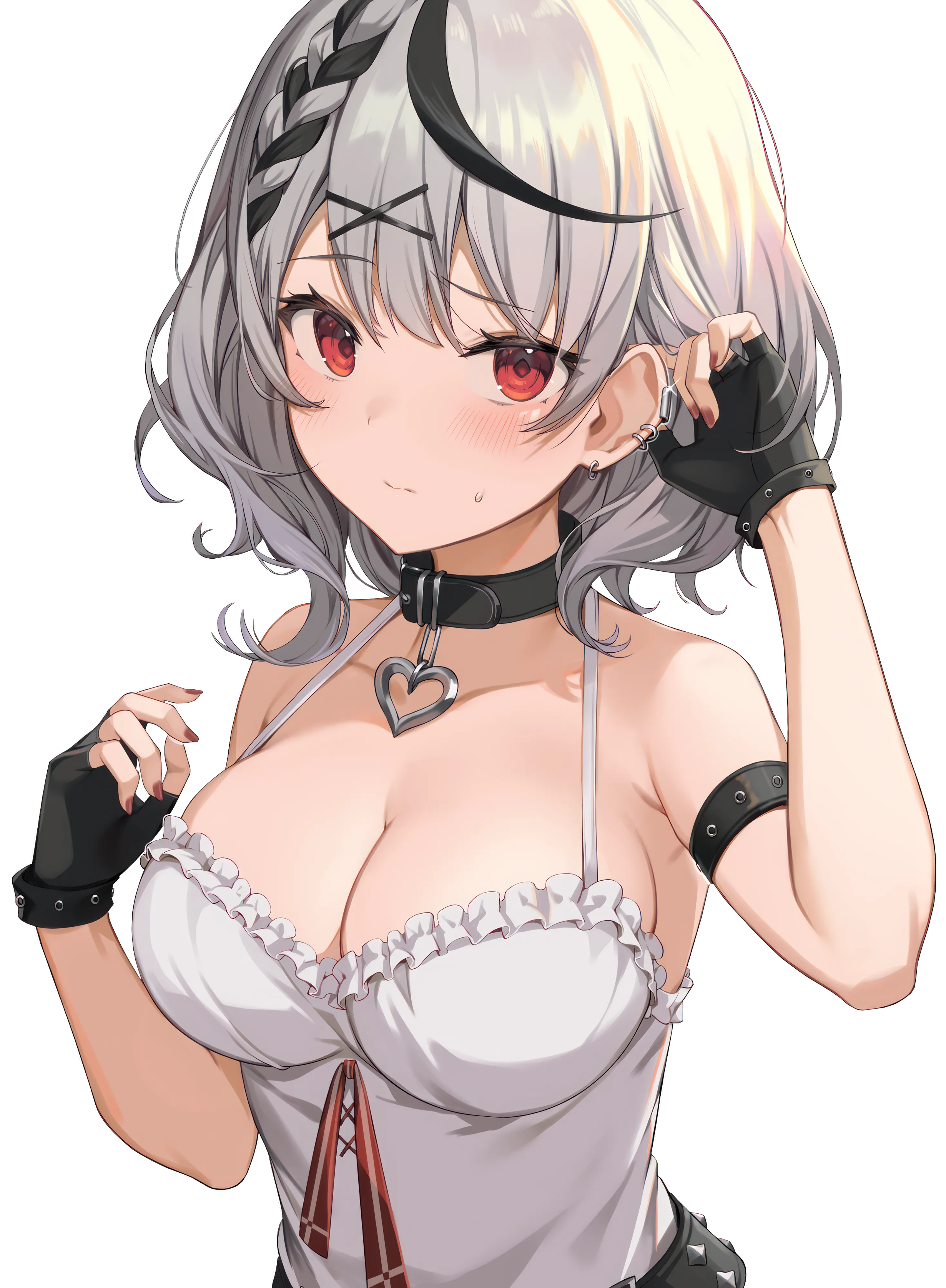 1girl,virtual_youtuber,x_hair_ornament,braid,medium_hair,breasts,cleavage,upper_body,bangs,solo,closed_mouth,multicolored_hair,hair_ornament,camisole,gloves,arm_strap,nail_polish,streaked_hair,fingerless_gloves,simple_background,sweatdrop,grey_hair,jewelry,white_camisole,white_background,white_shirt,belt,looking_at_viewer,short_hair,piercing,ear_piercing,vertical,red_nails,red_eyes,blush,shirt,large_breasts,collarbone,bare_shoulders,collar,black_hair,black_gloves,black_collar