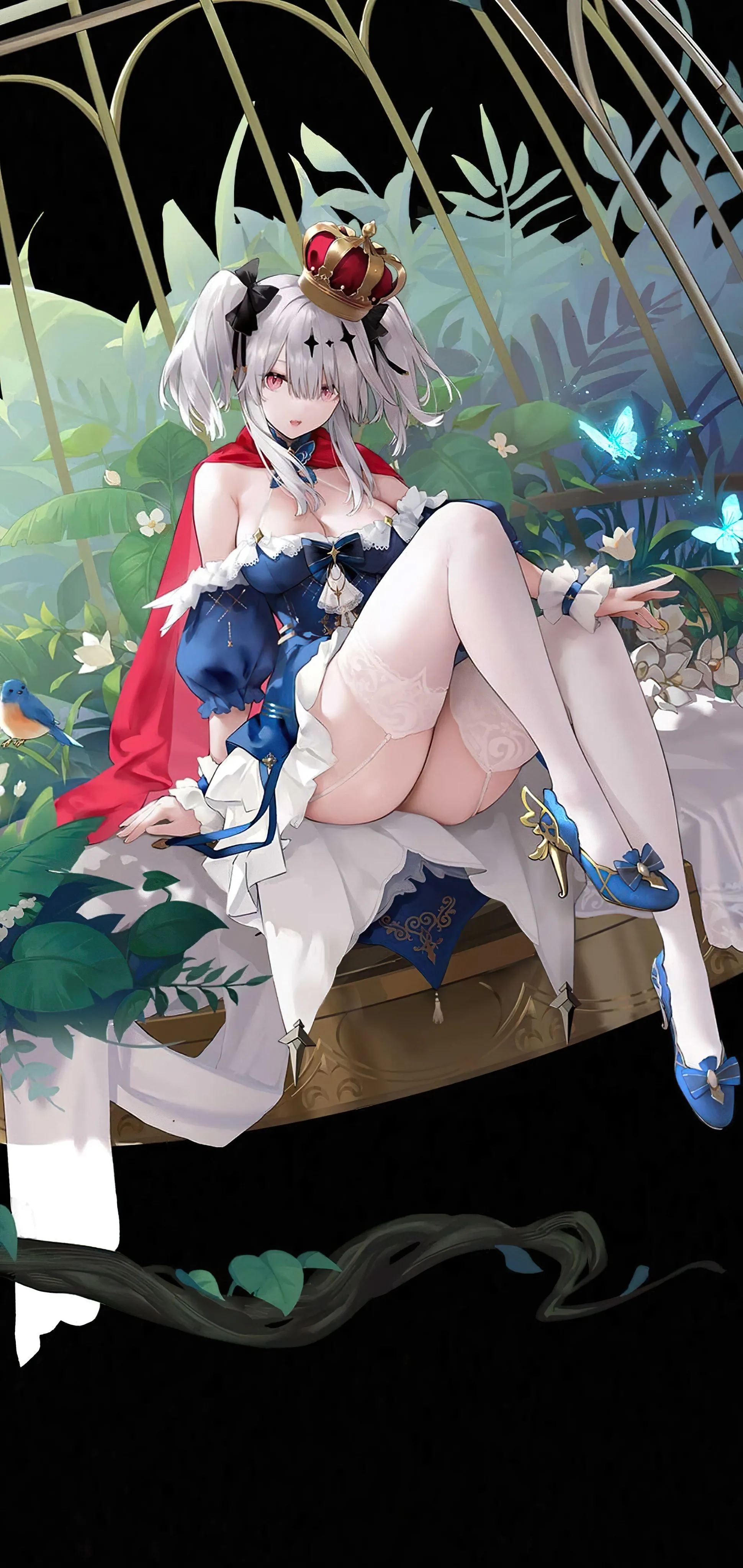 1girl,detached_sleeves,breasts,cleavage,full_body,bangs,solo,twintails,sitting,hair_ornament,cape,grey_hair,white_thighhighs,crown,looking_at_viewer,vertical,wrist_cuffs,red_cape,red_eyes,blue_dress,blue_footwear,puffy_sleeves,bug,butterfly,bow,large_breasts,thighhighs,dress,mini_crown,bare_shoulders,high_heels,flower