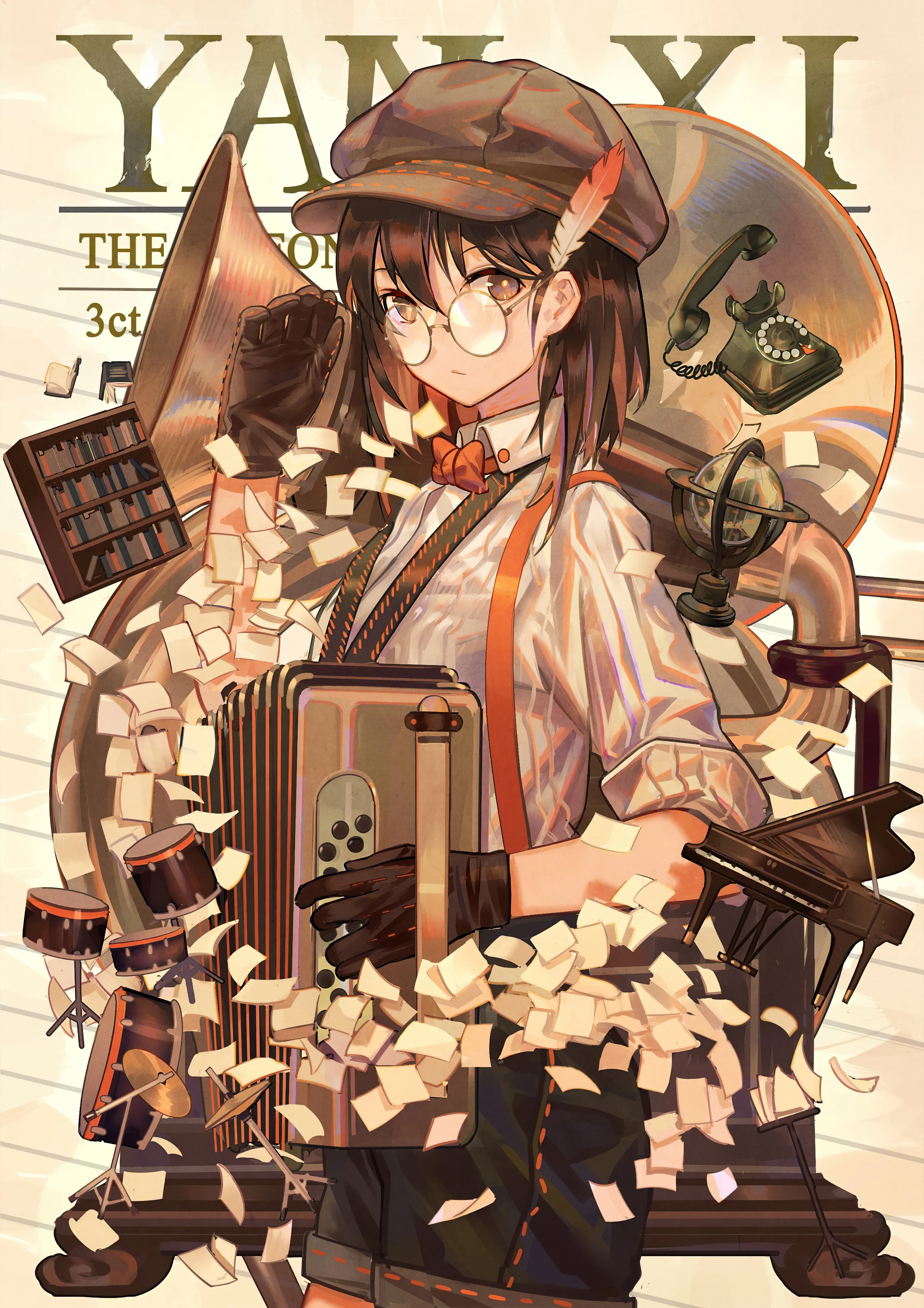 1girl,cowboy_shot,medium_hair,instrument,bangs,solo,suspender_shorts,closed_mouth,round_eyewear,hat,hair_between_eyes,gloves,hand_up,holding,collared_shirt,brown_hair,brown_headwear,brown_eyes,white_shirt,looking_at_viewer,glasses,short_hair,short_sleeves,shorts,vertical,standing,red_bow,red_bowtie,feathers,suspenders,english_text,bow,shirt,bowtie,black_gloves,black_shorts,drum