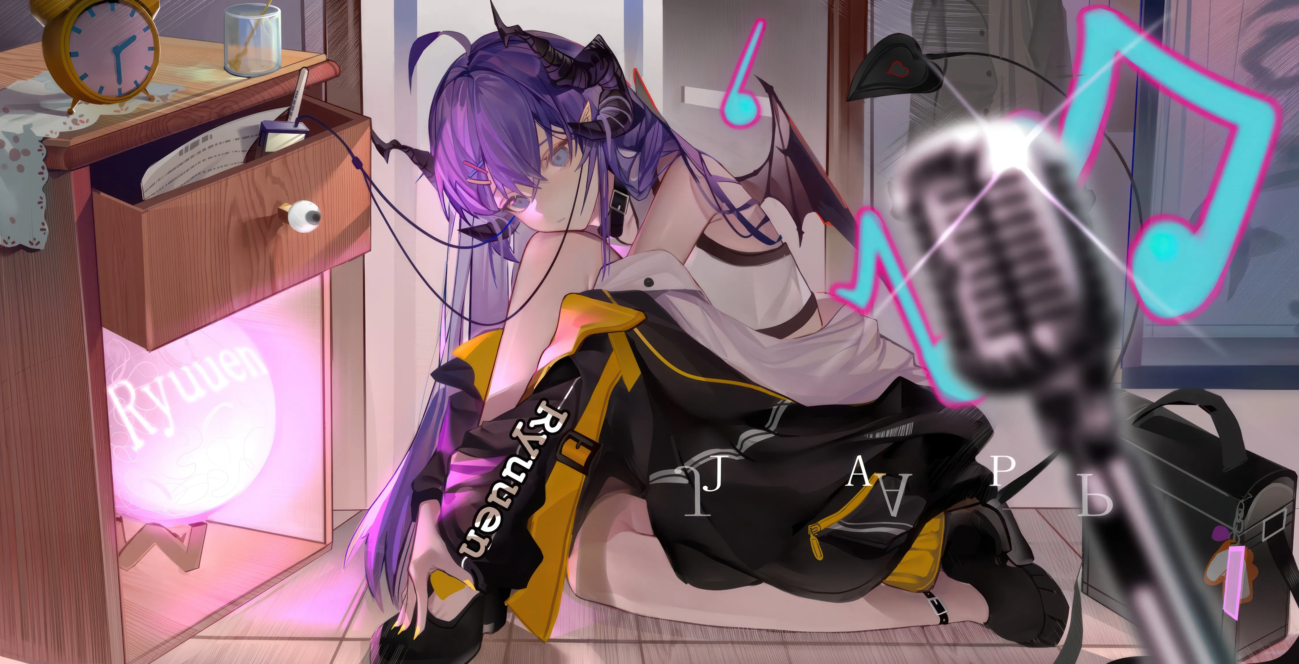 1girl,detached_wings,bangs,blurry_foreground,bag,solo,hairclip,character_name,ahoge,closed_mouth,sitting,hair_ornament,headphones,jacket,indoors,tail,hair_between_eyes,demon_girl,demon_tail,demon_wings,demon_horns,phone,clock,depth_of_field,blurry,horizontal,white_shirt,looking_at_viewer,cellphone,purple_hair,wings,blue_eyes,shirt,horns,open_jacket,open_clothes,long_hair,bare_shoulders,off_shoulder,shoes,collar,microphone,black_jacket,black_footwear