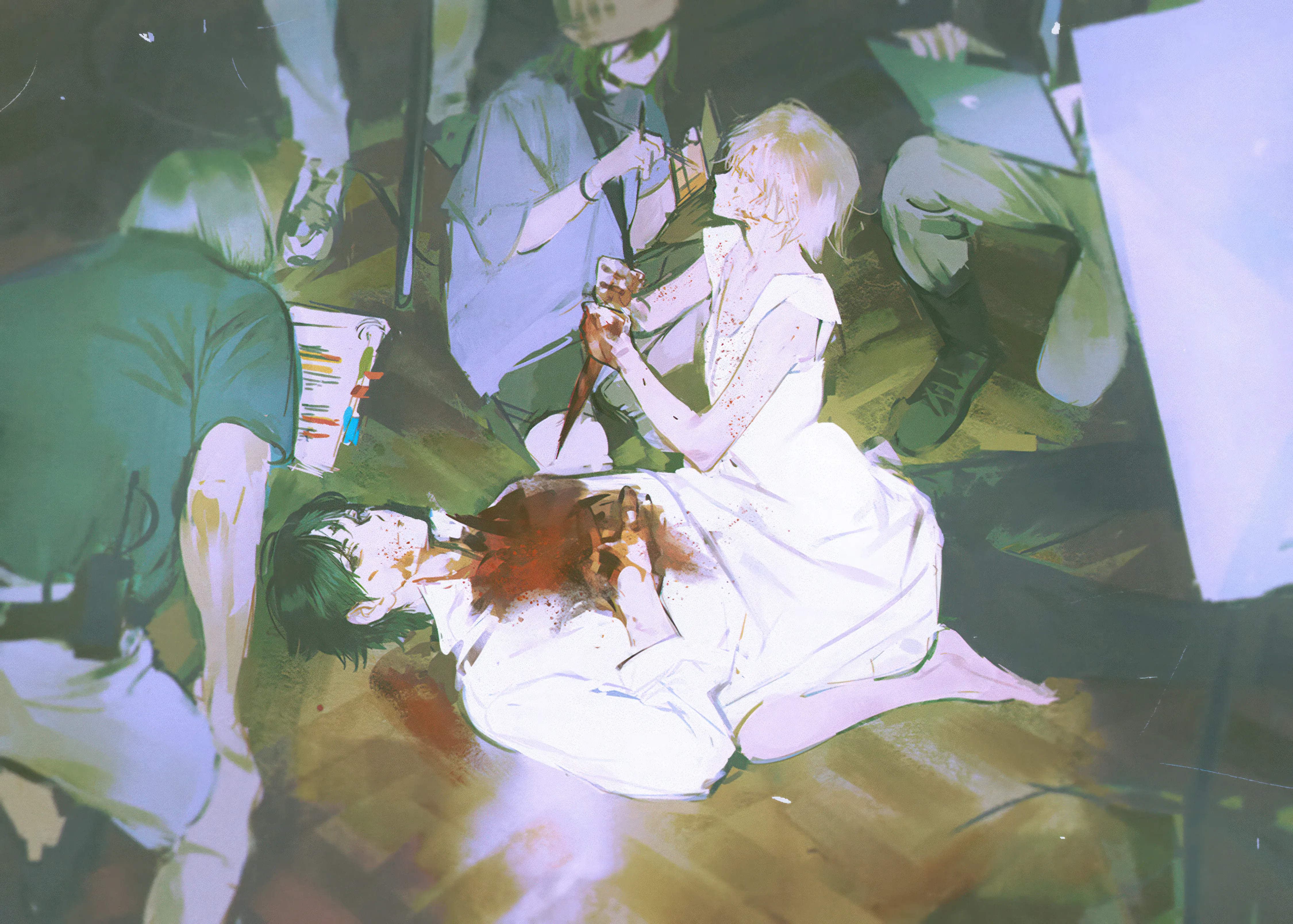 1girl,on_back,sitting,multiple_girls,multiple_boys,corpse,holding_weapon,holding,sleeveless,sleeveless_dress,collared_shirt,gun,horizontal,weapon,death,white_shirt,white_dress,belt,looking_at_another,short_hair,short_sleeves,blood_on_face,blood,blood_on_clothes,shirt,pants,barefoot,kneeling,lying,dress,blonde_hair,food,black_hair