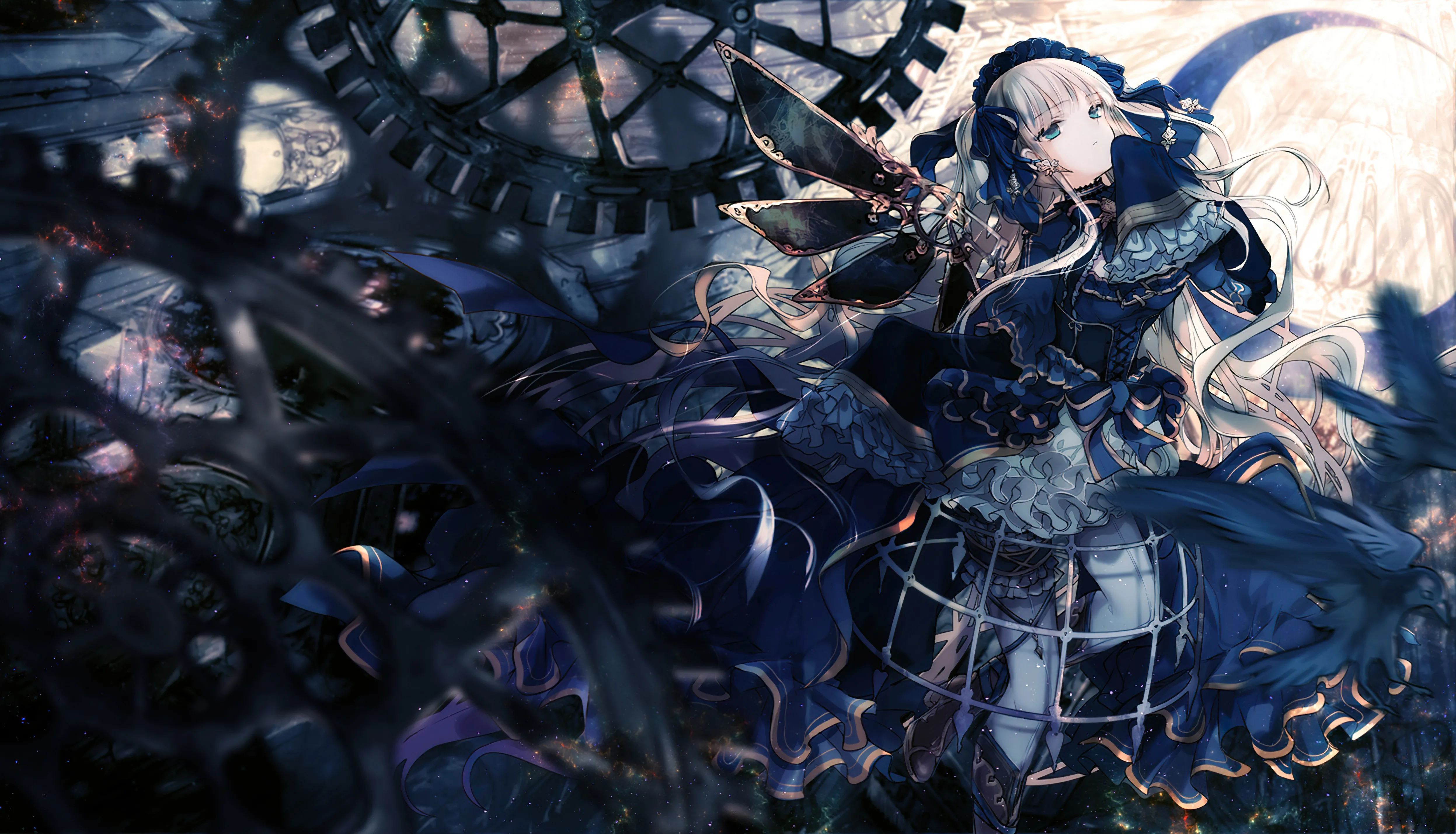 1girl,dutch_angle,bangs,blurry_foreground,solo,gothic_lolita,very_long_hair,parted_lips,depth_of_field,moon,blurry,horizontal,lolita_fashion,blunt_bangs,looking_away,frills,frilled_dress,blue_eyes,blue_dress,dress,pantyhose,blonde_hair,long_hair,long_sleeves,bird,black_dress,gears