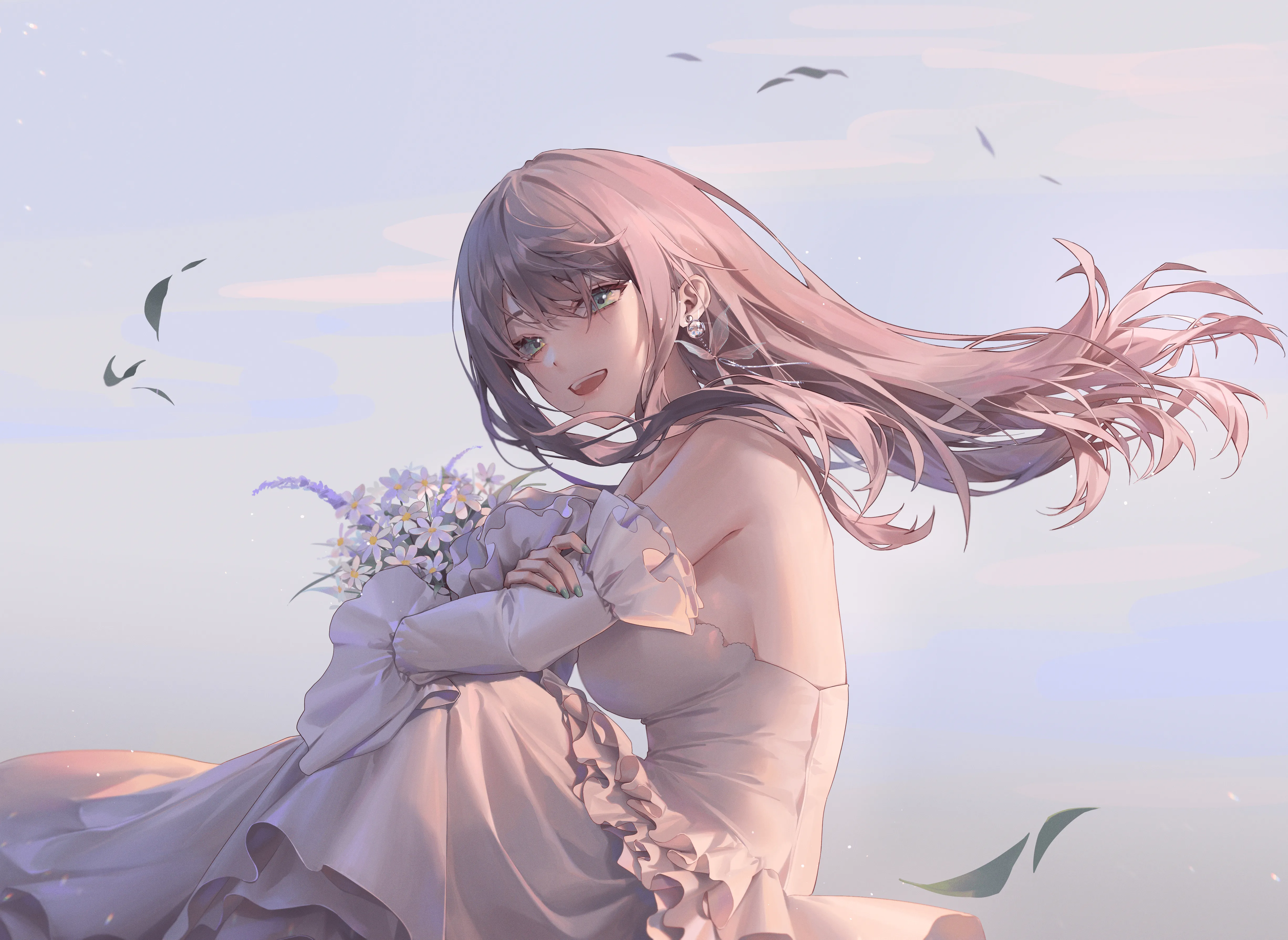 1girl,detached_sleeves,breasts,sideboob,from_side,bangs,solo,sitting,wedding_dress,open_mouth,holding_bouquet,holding,nail_polish,strapless,strapless_dress,simple_background,brown_hair,horizontal,teeth,jewelry,white_background,white_dress,looking_at_viewer,smile,green_nails,green_eyes,earrings,bouquet,frills,frilled_dress,large_breasts,dress,long_hair,bare_shoulders,wind,floating_hair,flower