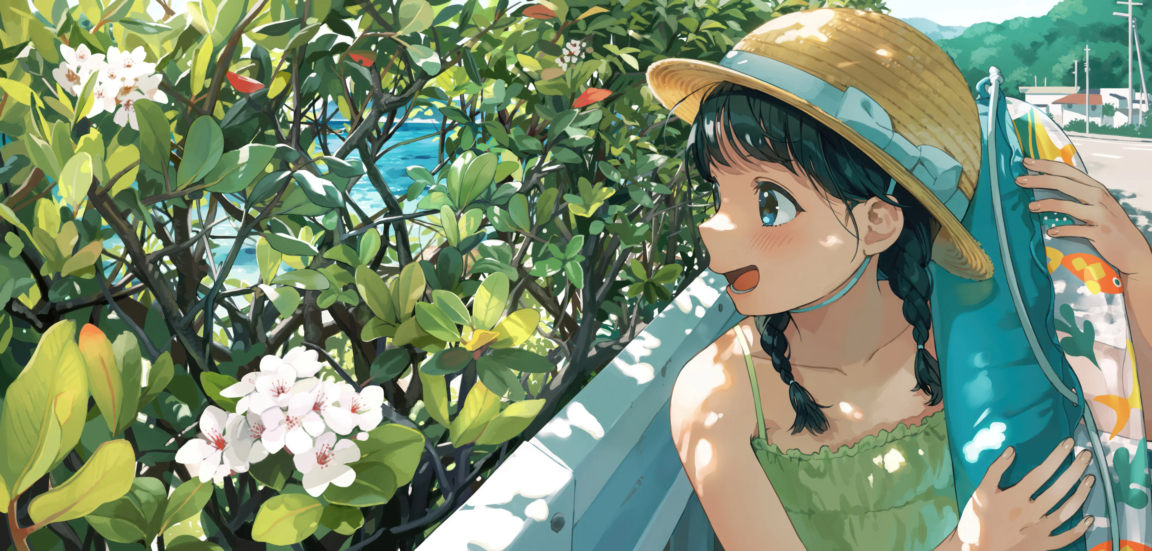 1girl,dappled_sunlight,braid,twin_braids,upper_body,bangs,solo,leaf,summer,sundress,hat_ribbon,hat_bow,hat,open_mouth,outdoors,holding,sleeveless,sleeveless_dress,horizontal,day,white_flower,smile,green_dress,blush,boat,watercraft,straw_hat,blue_eyes,bow,bare_arms,dress,collarbone,long_hair,sunlight,bare_shoulders,fish,flower,black_hair