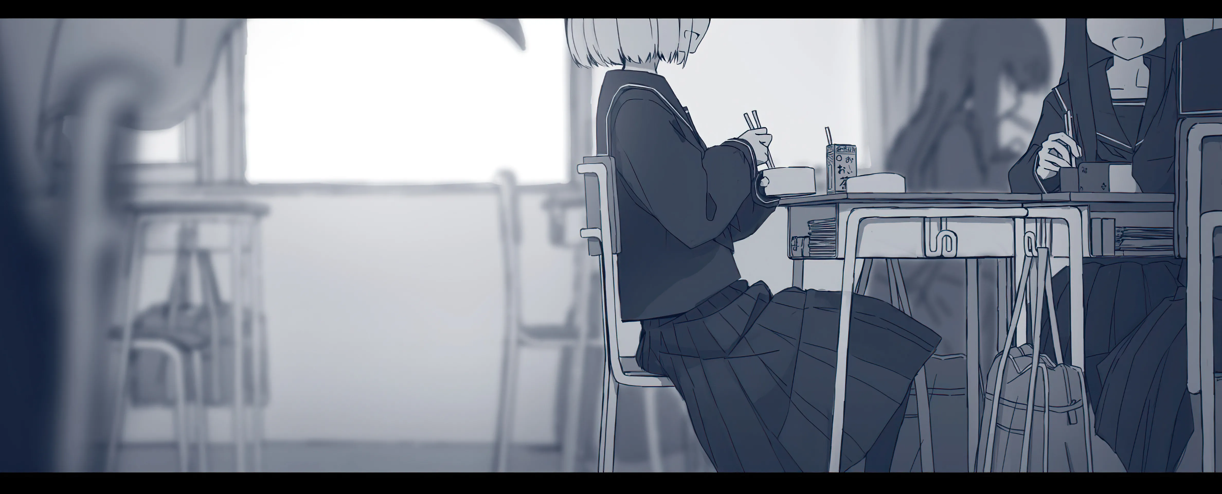 3girls,school_bag,desk,blurry_foreground,bag,solo_focus,monochrome,drinking_straw,on_chair,sitting,multiple_girls,indoors,holding,classroom,faceless_female,depth_of_field,school_uniform,chair,blurry,horizontal,serafuku,sailor_collar,letterboxed,pleated_skirt,juice_box,short_hair,skirt,window,shirt,school_desk,school_chair,head_out_of_frame,long_hair,long_sleeves,greyscale