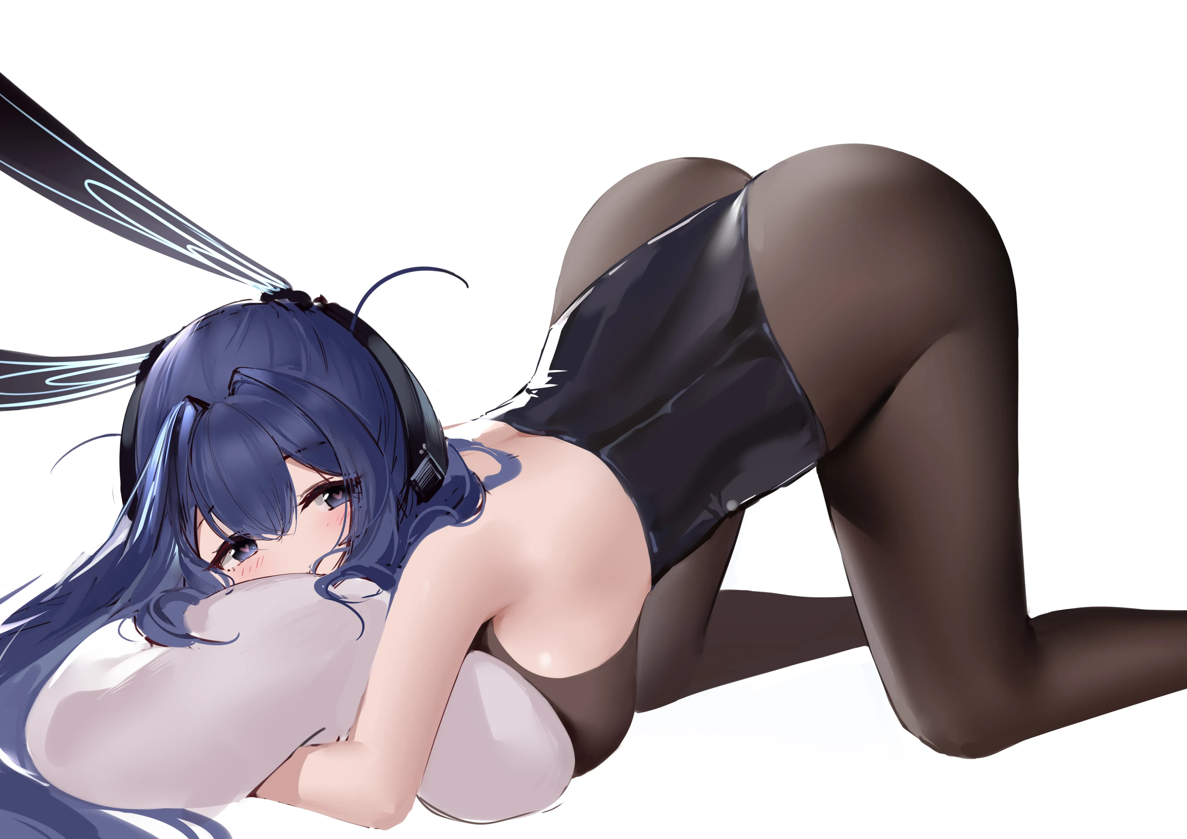 1girl,breasts,playboy_bunny,rabbit_ears,animal_ears,fake_animal_ears,solo,all_fours,official_alternate_costume,pillow_hug,ass,object_hug,strapless,strapless_leotard,simple_background,pillow,horizontal,white_background,looking_at_viewer,leotard,top-down_bottom-up,blush,blue_hair,blue_eyes,large_breasts,pantyhose,long_hair,bare_shoulders,black_pantyhose,black_leotard