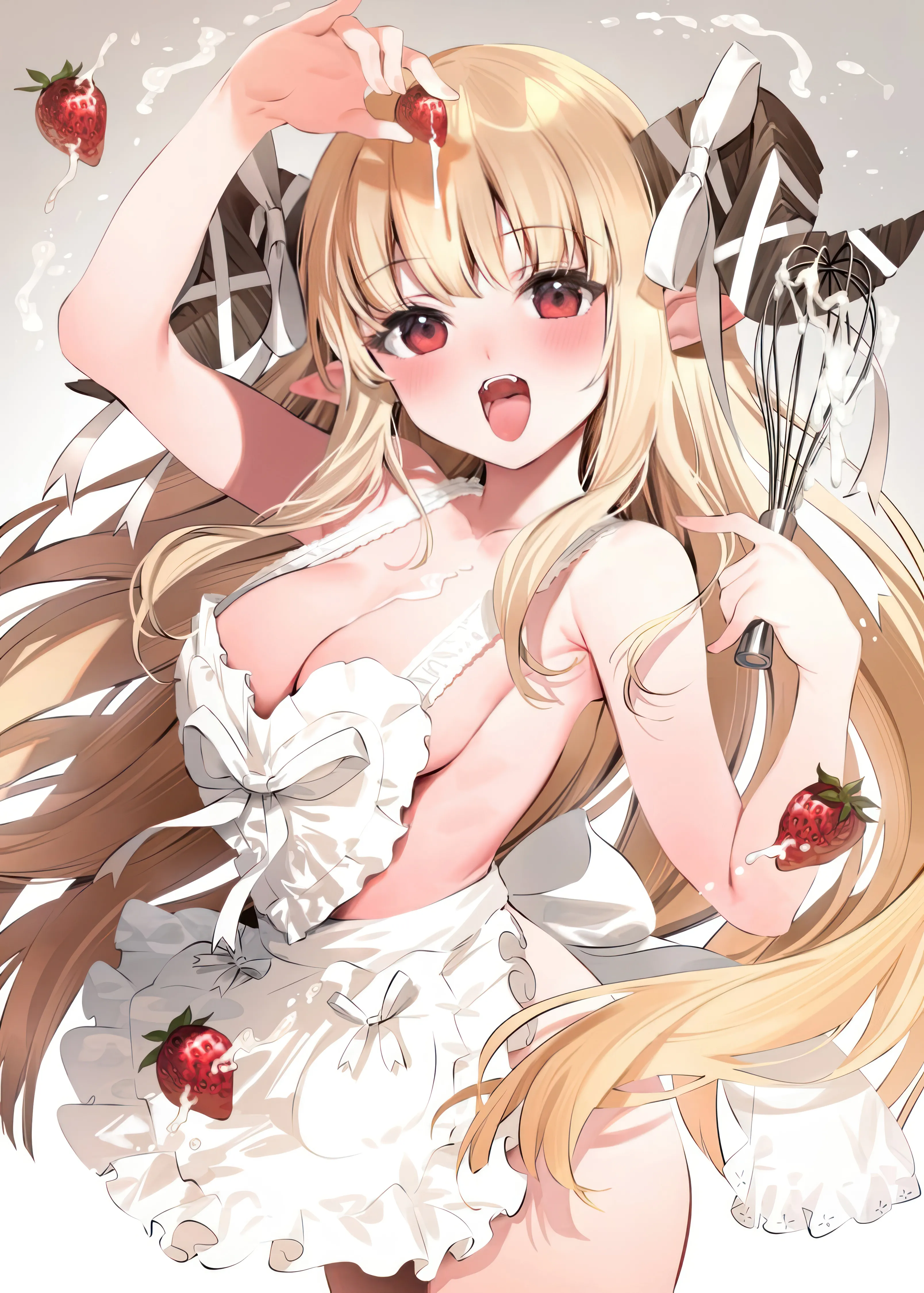 1girl,cowboy_shot,ribbon,medium_breasts,arm_up,breasts,cleavage,bangs,solo,apron,fangs,cream,pointy_ears,open_mouth,very_long_hair,holding,holding_fruit,holding_food,whisk,fruit,white_ribbon,white_apron,looking_at_viewer,vertical,smile,red_eyes,blush,tongue,frills,frilled_apron,strawberry,naked_apron,horns,large_breasts,blonde_hair,collarbone,long_hair,bare_shoulders,food