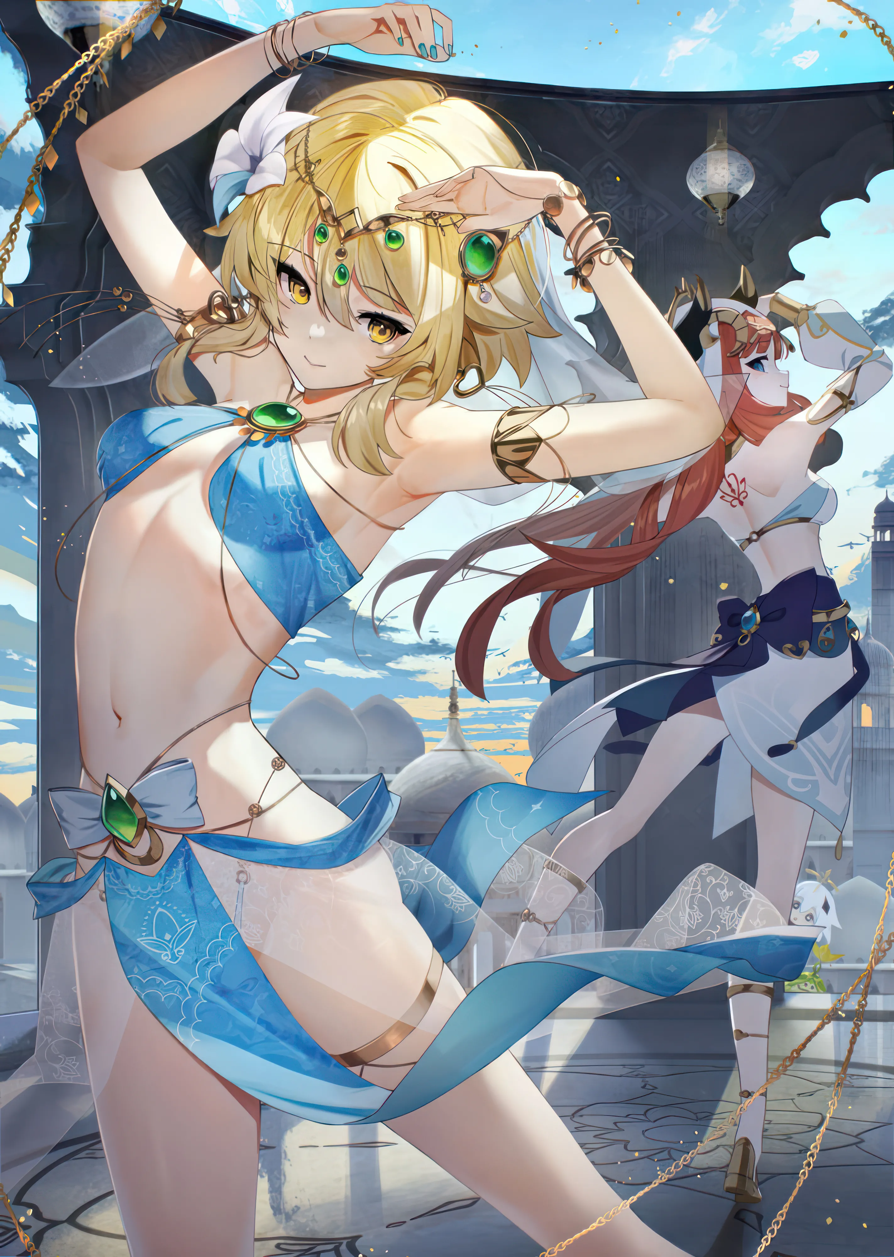 2girls,detached_sleeves,medium_breasts,arms_up,breasts,cloud,sandals,bangs,see-through,standing_on_one_leg,legs,twintails,closed_mouth,multiple_girls,thighs,thighlet,sky,circlet,hair_flower,hair_ornament,sidelocks,gem,stomach,gladiator_sandals,short_hair_with_long_locks,outdoors,bracelet,bangle,cosplay,bracer,nail_polish,pelvic_curtain,jewelry,day,white_flower,looking_at_viewer,skirt,revealing_clothes,alternate_costume,vertical,standing,smile,red_hair,tattoo,halterneck,navel,back_tattoo,brooch,armpits,belly_chain,armlet,harem_outfit,dancer,blue_sky,blue_gemstone,blue_nails,blue_eyes,blue_skirt,blue_bow,puffy_sleeves,puffy_long_sleeves,bow,fake_horns,horns,dancing,gold_trim,gold_footwear,blonde_hair,chain,long_hair,long_sleeves,midriff,bare_shoulders,crop_top,veil,neck_ring,floating_hair,flower,yellow_eyes