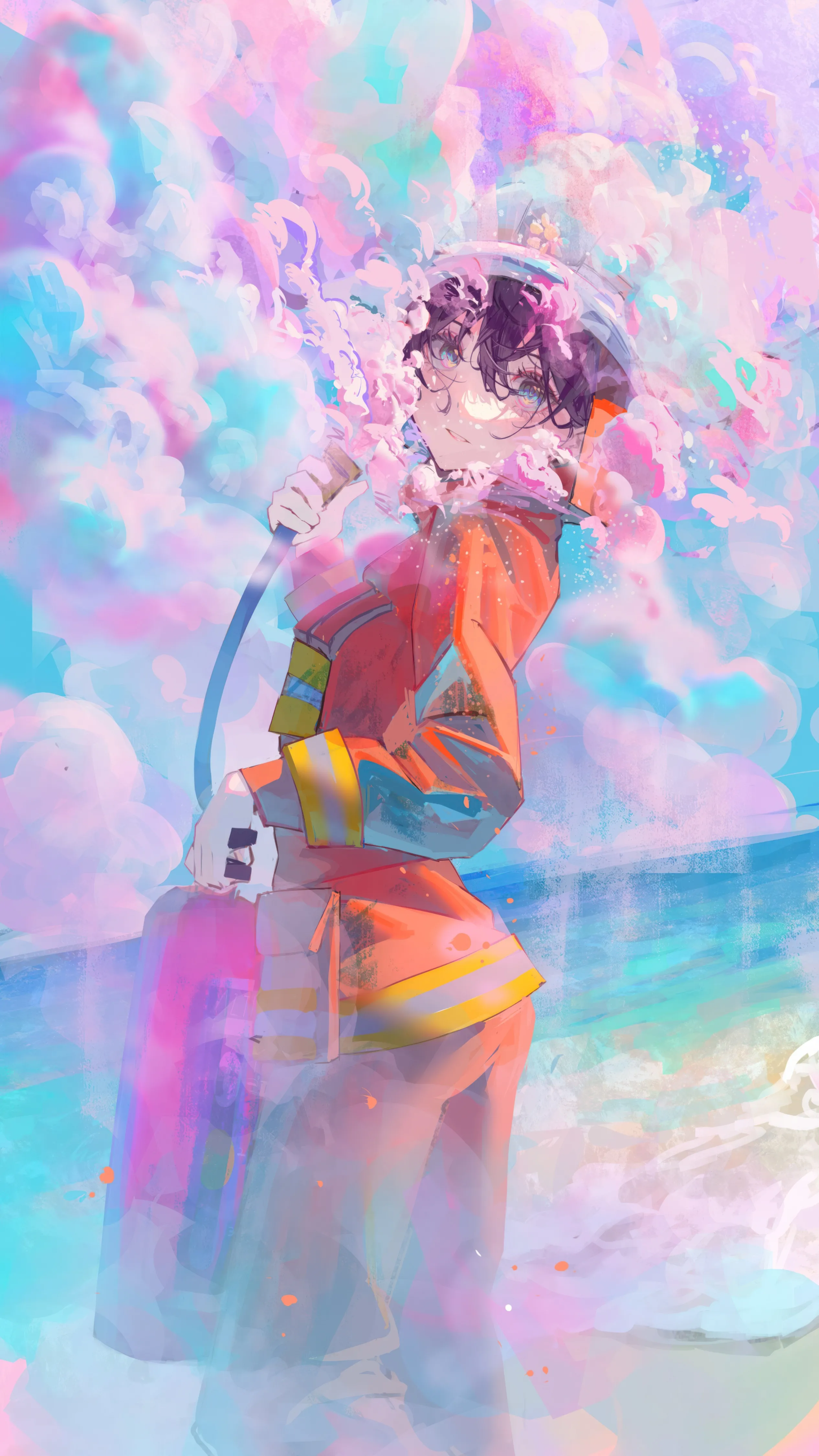 1girl,cloud,bangs,solo,cloudy_sky,sky,helmet,jacket,hair_between_eyes,parted_lips,outdoors,holding,water,day,looking_at_viewer,short_hair,vertical,standing,red_jacket,blue_sky,blue_eyes,hose,long_sleeves,black_hair