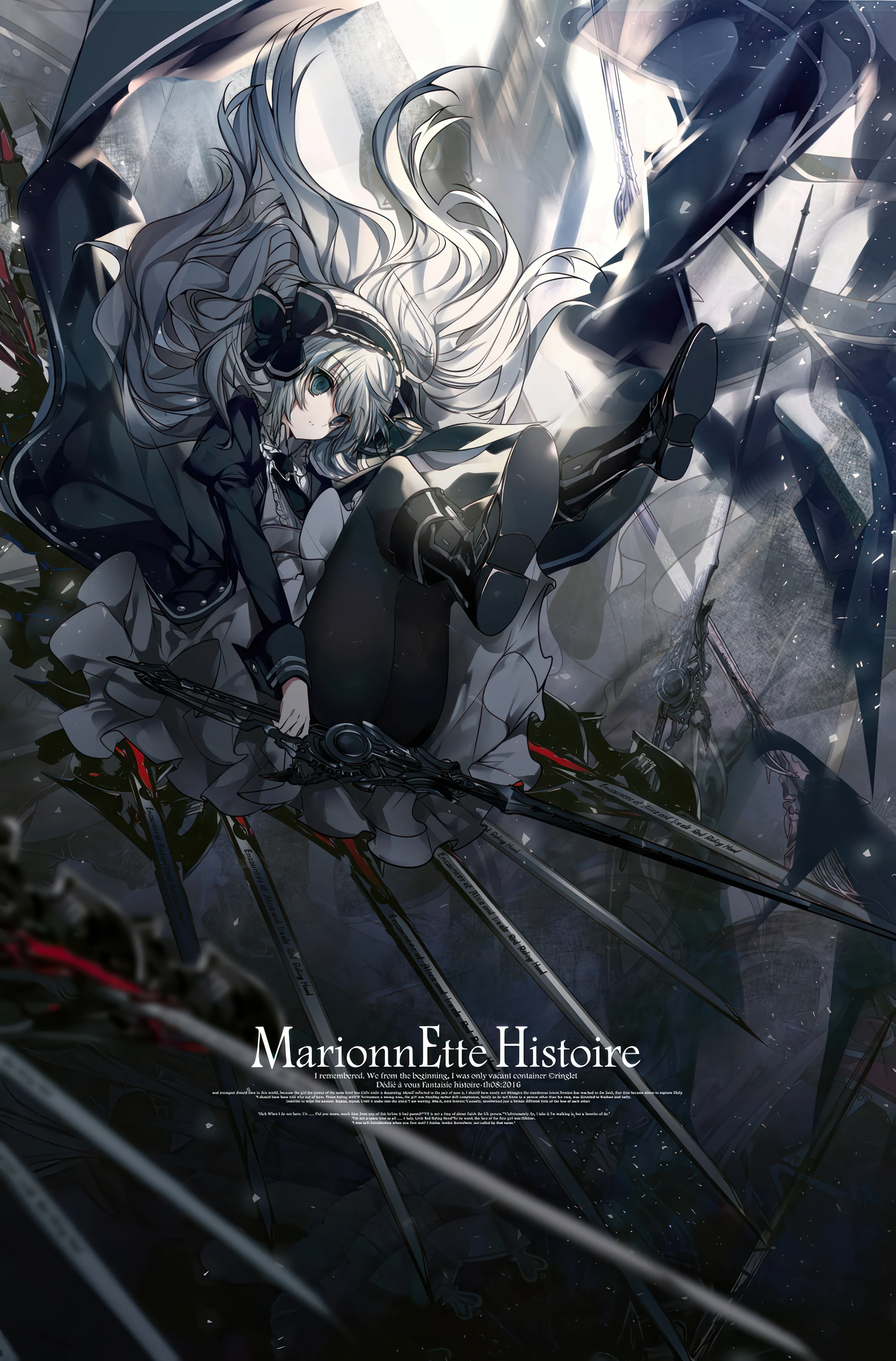 1girl,sword,solo,knee_boots,very_long_hair,holding_weapon,holding,depth_of_field,blurry,weapon,white_hair,looking_at_viewer,vertical,english_text,blue_eyes,puffy_sleeves,bow,dress,pantyhose,long_hair,long_sleeves,boots,black_dress,black_pantyhose,black_footwear