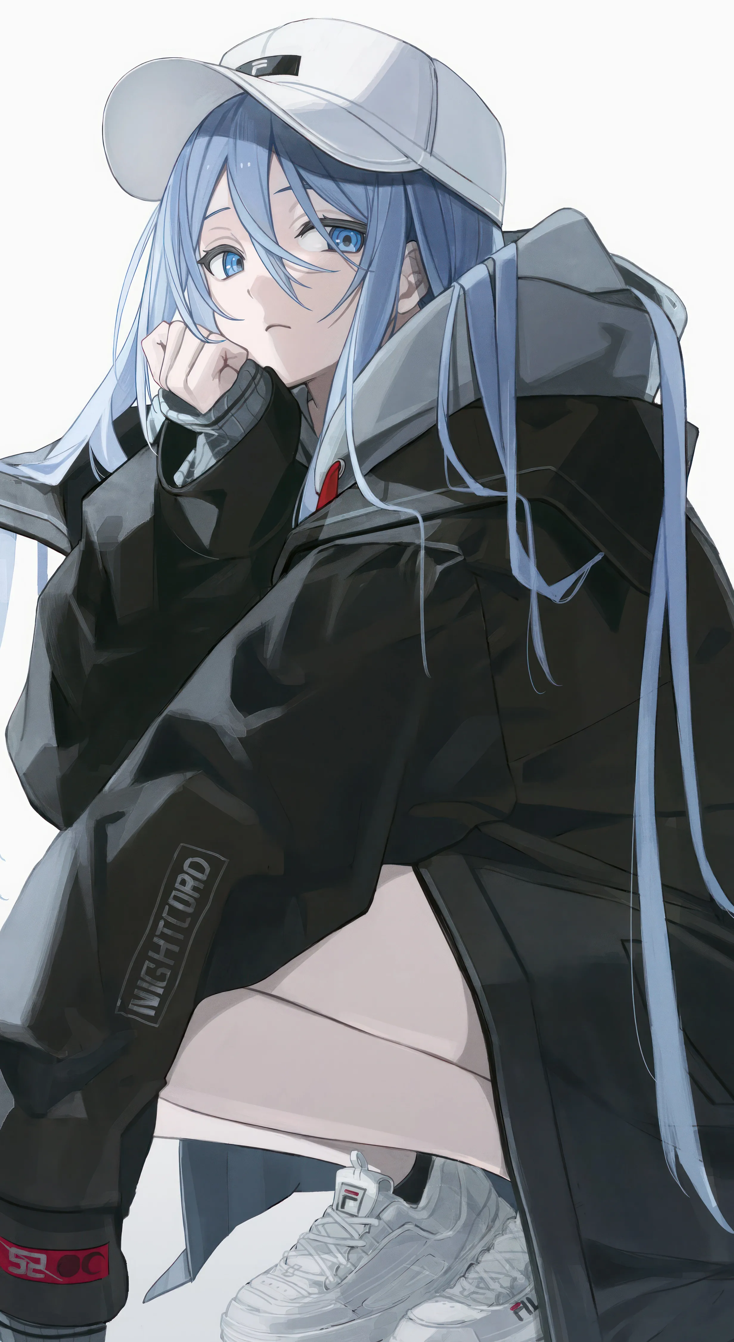 1girl,hood,bangs,solo,closed_mouth,jacket,hat,hair_between_eyes,very_long_hair,head_rest,simple_background,baseball_cap,hood_down,white_headwear,white_background,white_footwear,looking_at_viewer,vertical,blue_hair,blue_eyes,sleeves_past_wrists,squatting,sneakers,hoodie,long_hair,long_sleeves,shoes,black_jacket