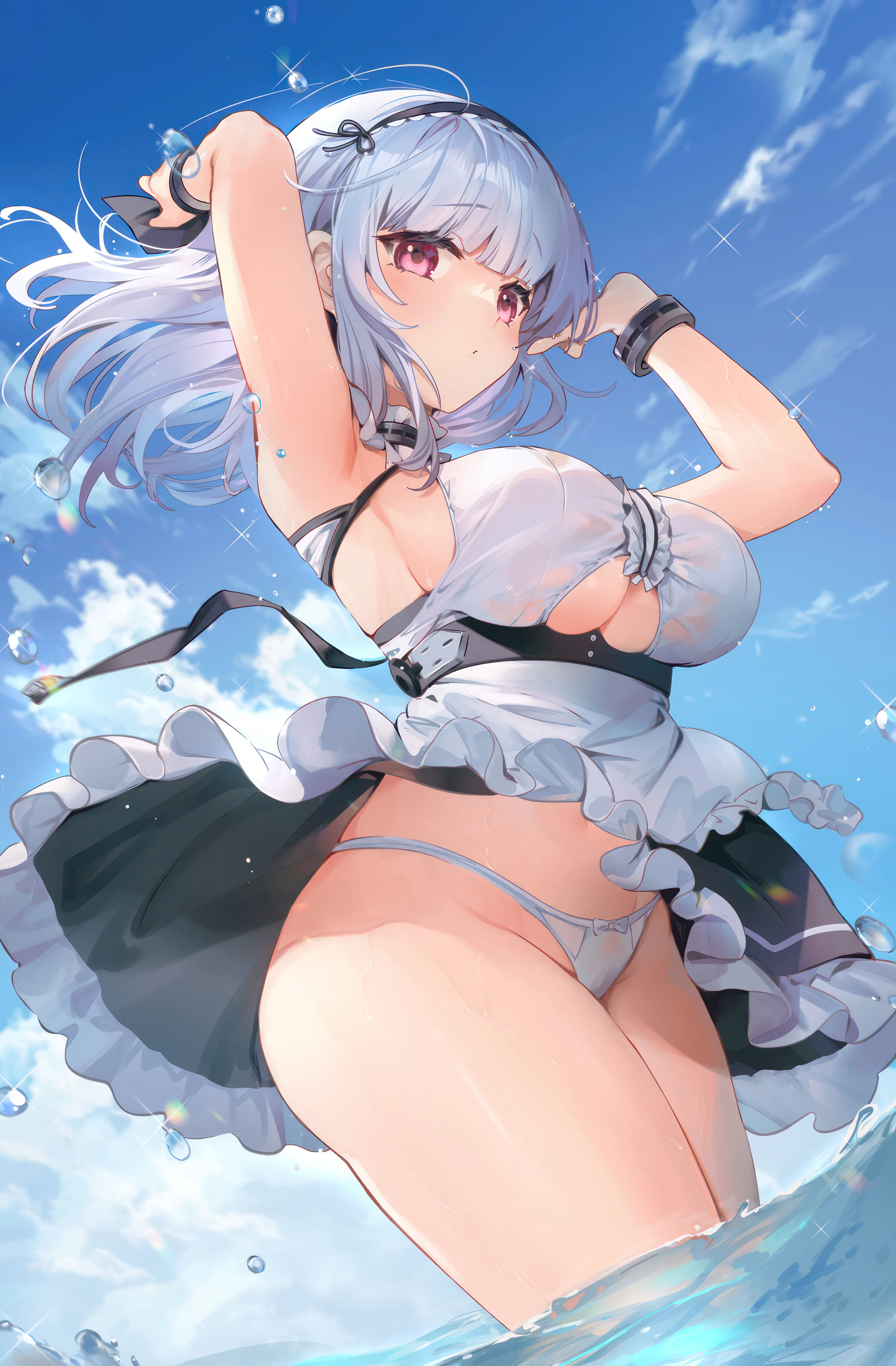 1girl,wind_lift,underboob,arms_up,breasts,cloud,sideboob,underwear,panties,bangs,solo,hairband,closed_mouth,apron,thighs,sky,maid,maid_apron,waist_apron,outdoors,sleeveless,sleeveless_shirt,water,wading,grey_hair,jewelry,day,white_panties,white_apron,looking_at_viewer,skirt,vertical,standing,pink_eyes,purple_eyes,center_frills,blush,armpits,frills,blue_sky,underboob_cutout,shirt,wet_clothes,clothing_cutout,wet,large_breasts,dress,long_hair,bare_shoulders,choker,wind,black_hairband