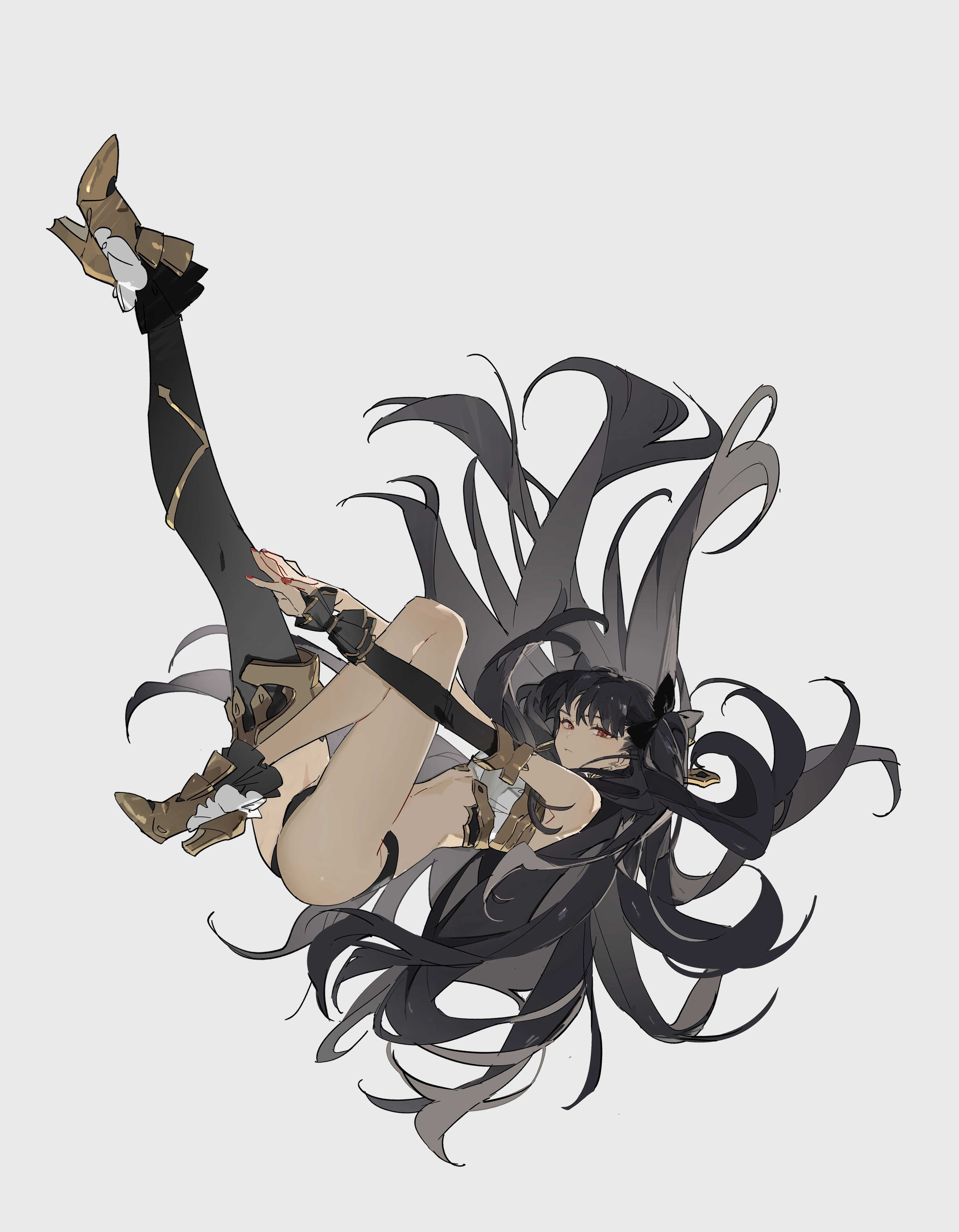 1girl,asymmetrical_legwear,detached_sleeves,ribbon,breasts,parted_bangs,bangs,solo,single_detached_sleeve,single_thighhigh,two_side_up,ass,very_long_hair,simple_background,bikini,swimsuit,hoop_earrings,jewelry,white_background,tiara,looking_at_viewer,vertical,red_eyes,earrings,armlet,thighhighs,long_hair,long_legs,bare_shoulders,high_heels,black_hair