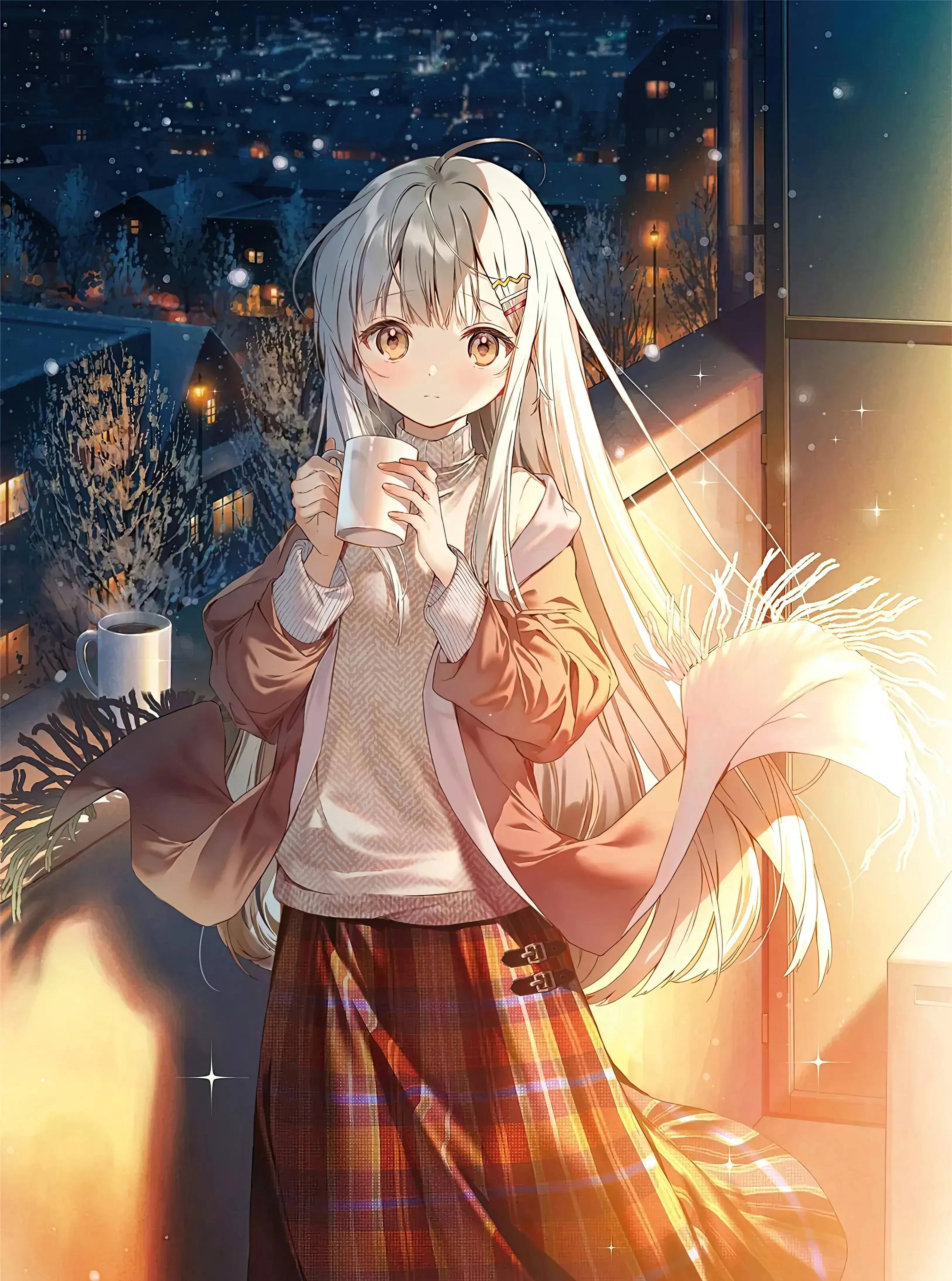 1girl,bangs,solo,hands_up,hairclip,ahoge,closed_mouth,scarf,cityscape,night,hair_ornament,jacket,indoors,building,very_long_hair,holding_cup,holding,cup,plaid,plaid_skirt,brown_jacket,brown_eyes,sweater,white_hair,white_sweater,looking_at_viewer,skirt,window,vertical,standing,smile,red_skirt,blush,open_jacket,open_clothes,long_hair,long_sleeves,long_skirt,mug,turtleneck