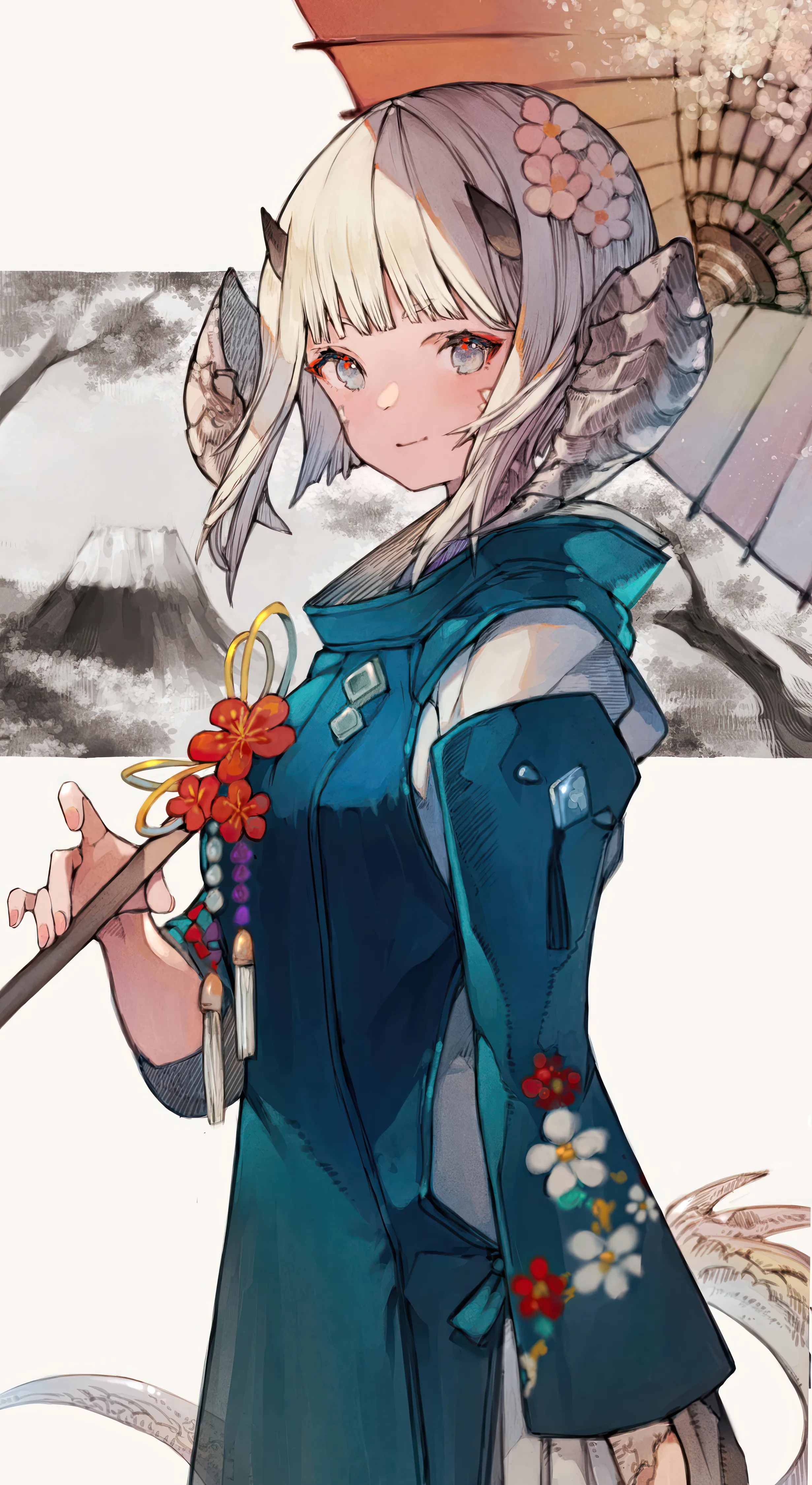 1girl,cowboy_shot,from_side,bangs,solo,closed_mouth,hair_flower,hair_ornament,wide_sleeves,tail,mountain,holding,holding_umbrella,tree,oil-paper_umbrella,white_hair,blunt_bangs,looking_at_viewer,short_hair,vertical,standing,smile,blush,floral_print,blue_eyes,horns,long_sleeves,umbrella,flower,scales,dragon_girl,dragon_tail,dragon_horns