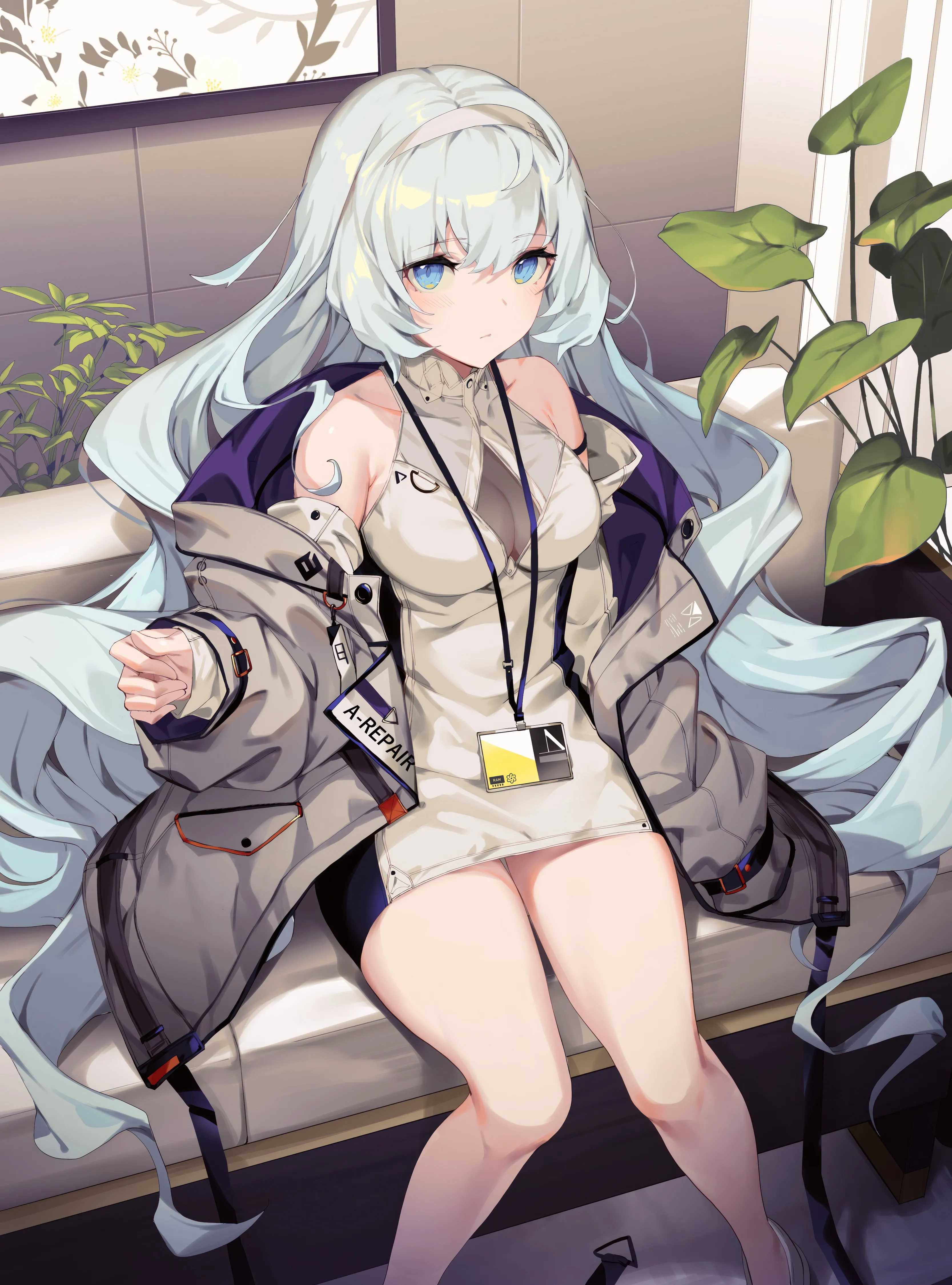 1girl,medium_breasts,breasts,cleavage,bangs,solo,feet_out_of_frame,hairband,closed_mouth,sitting,coat,thighs,jacket,indoors,very_long_hair,lanyard,open_coat,sleeveless,sleeveless_dress,plant,sweater,sweater_dress,grey_hair,grey_jacket,white_hairband,white_dress,white_footwear,potted_plant,looking_at_viewer,vertical,smile,blue_eyes,sleeves_past_wrists,bare_legs,open_jacket,open_clothes,id_card,short_dress,dress,long_hair,long_sleeves,bare_shoulders,off_shoulder,turtleneck