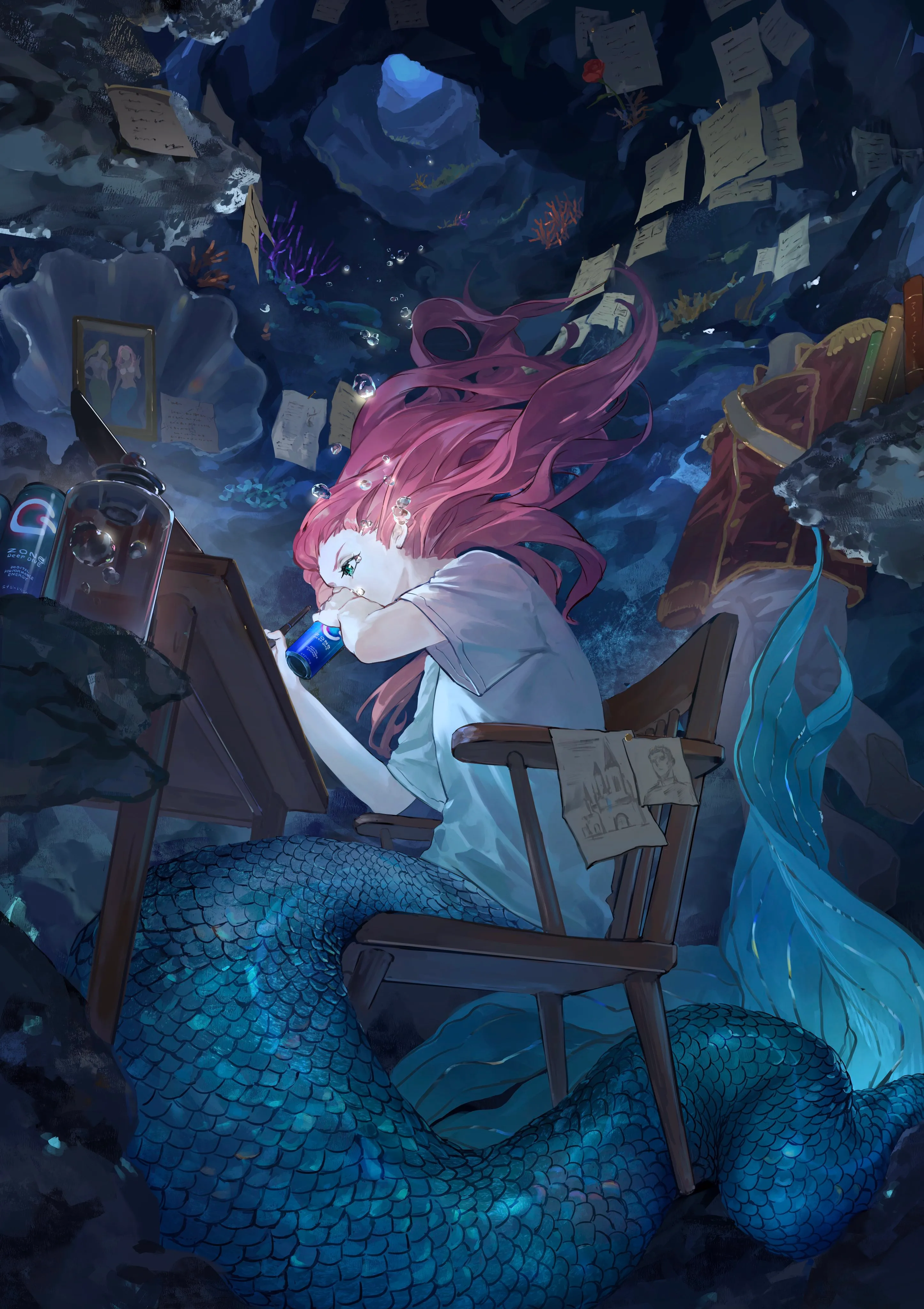 1girl,monster_girl,solo,drinking,photo_object,map,sitting,pointy_ears,holding,chair,air_bubble,underwater,bubble,coral,bottle,vertical,pink_hair,red_hair,paper,green_eyes,jar,mermaid,long_hair,floating_hair,scales