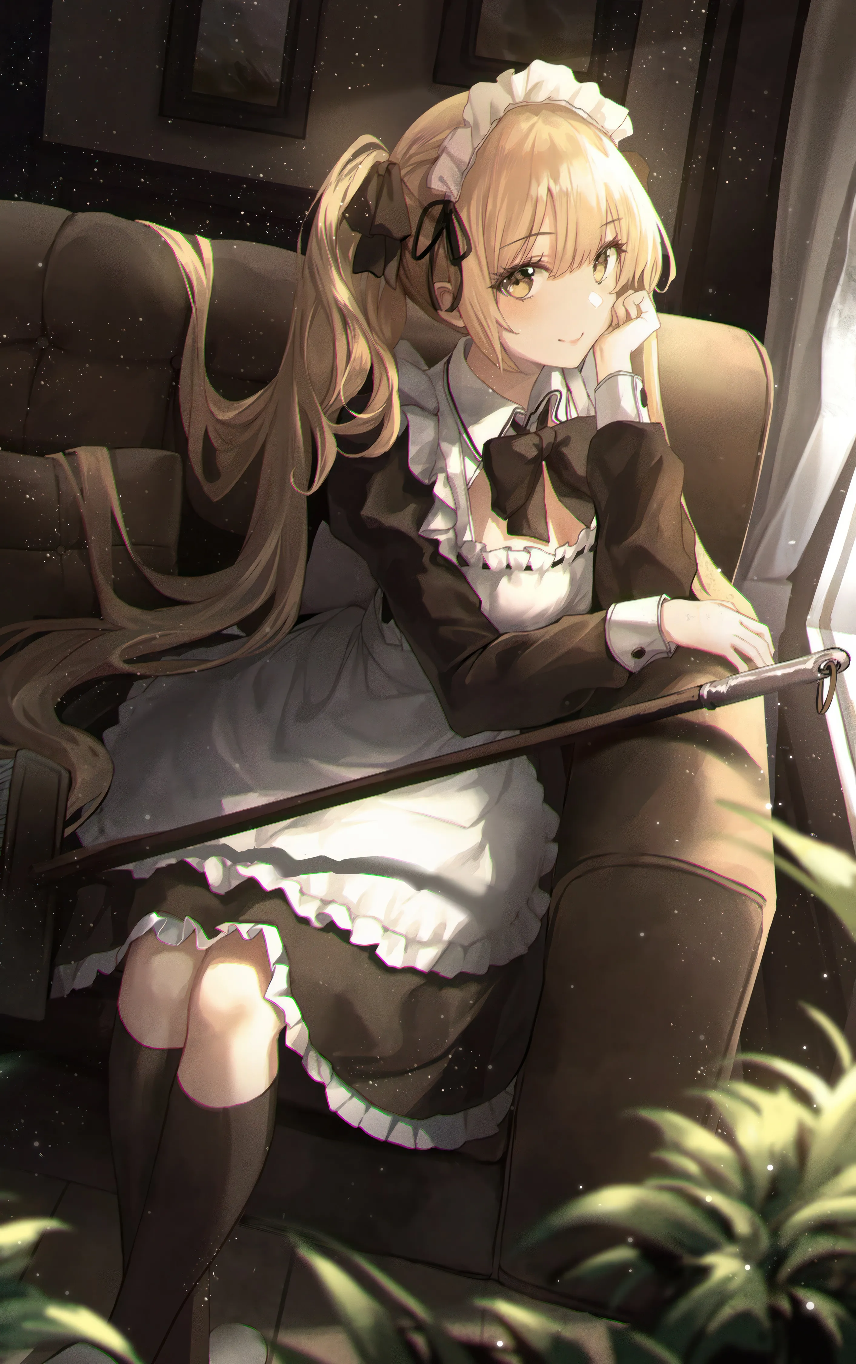 1girl,ribbon,medium_breasts,breasts,cleavage,light_particles,bangs,solo,kneehighs,feet_out_of_frame,twintails,closed_mouth,apron,on_couch,sitting,hair_ribbon,maid,maid_apron,maid_headdress,indoors,very_long_hair,head_rest,hand_on_own_cheek,hand_on_own_face,holding,juliet_sleeves,brown_eyes,chair,plant,couch,white_apron,looking_at_viewer,vertical,smile,frills,frilled_apron,frilled_dress,puffy_sleeves,bow,socks,dress,blonde_hair,long_hair,long_sleeves,bowtie,yellow_eyes,black_ribbon,black_bow,black_socks,black_dress,black_bowtie