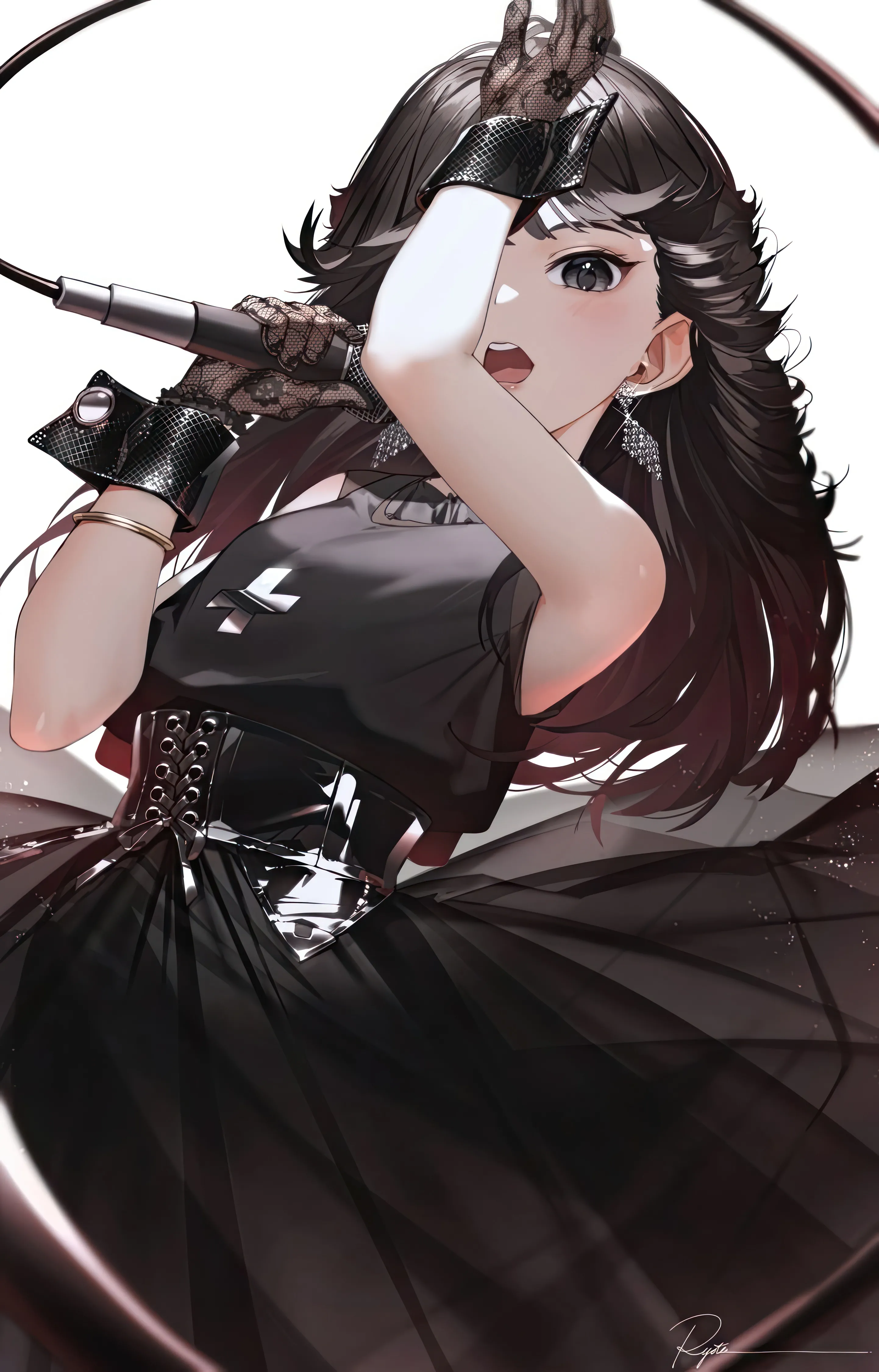 1girl,bangs,solo,singing,open_mouth,gloves,bracelet,holding,holding_microphone,sleeveless,sleeveless_dress,simple_background,grey_eyes,jewelry,white_background,looking_at_viewer,vertical,signature,earrings,lace_gloves,dress,long_hair,music,microphone,black_hair,black_gloves,black_eyes,black_dress