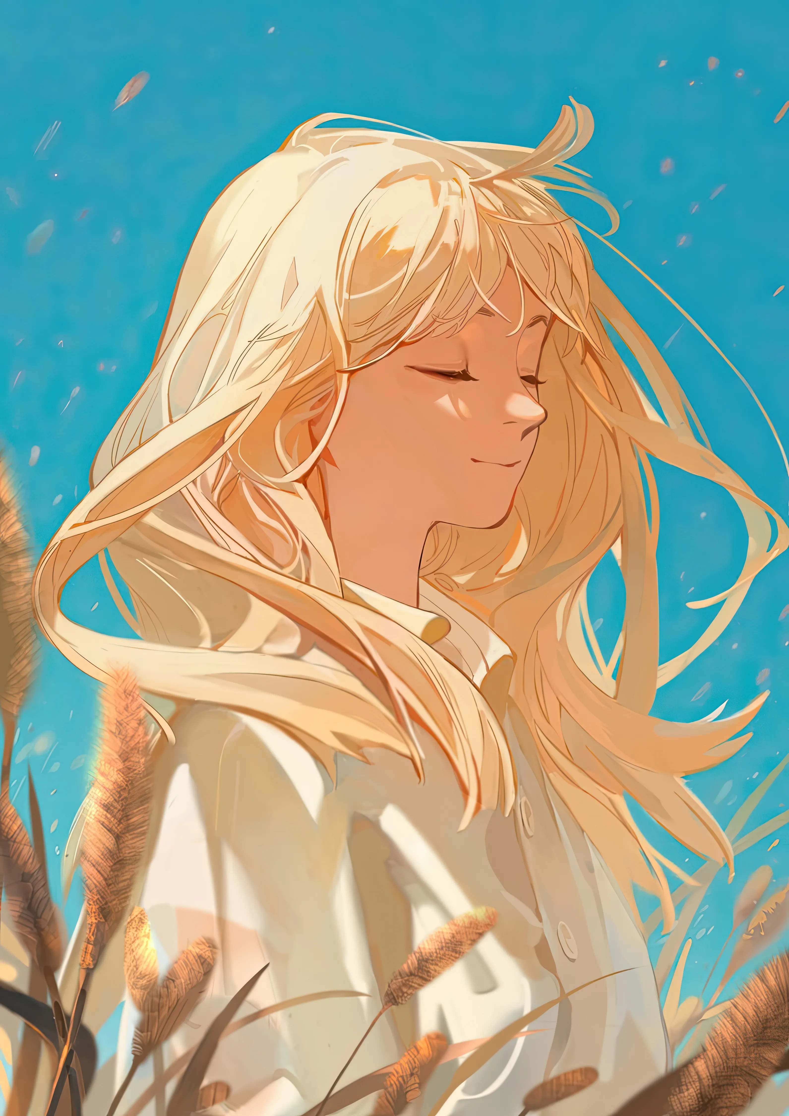 1girl,upper_body,solo,closed_eyes,closed_mouth,sky,wheat,outdoors,day,white_shirt,vertical,smile,blue_sky,shirt,blonde_hair,long_hair,wind,floating_hair