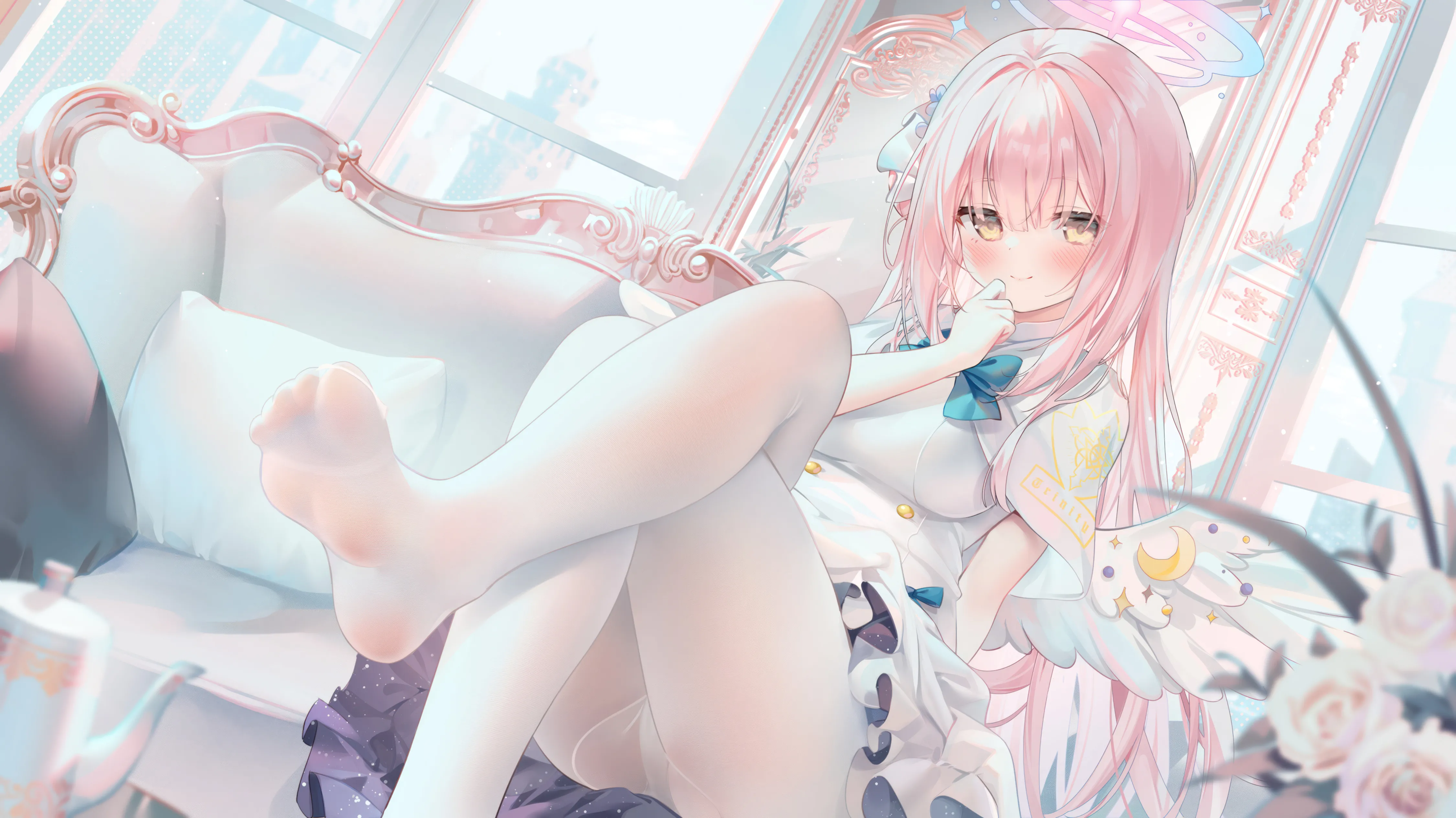 1girl,foot_out_of_frame,breasts,crossed_legs,underwear,panties,bangs,solo,legs,closed_mouth,hair_bun,sitting,halo,angel_wings,single_side_bun,hair_ornament,indoors,capelet,very_long_hair,finger_to_mouth,cup,pillow,horizontal,couch,no_shoes,white_wings,white_dress,white_pantyhose,looking_at_viewer,pink_hair,wings,feet,soles,toes,blush,frills,frilled_dress,blue_bow,bow,dress,pantyhose,long_hair,bowtie,flower,yellow_eyes