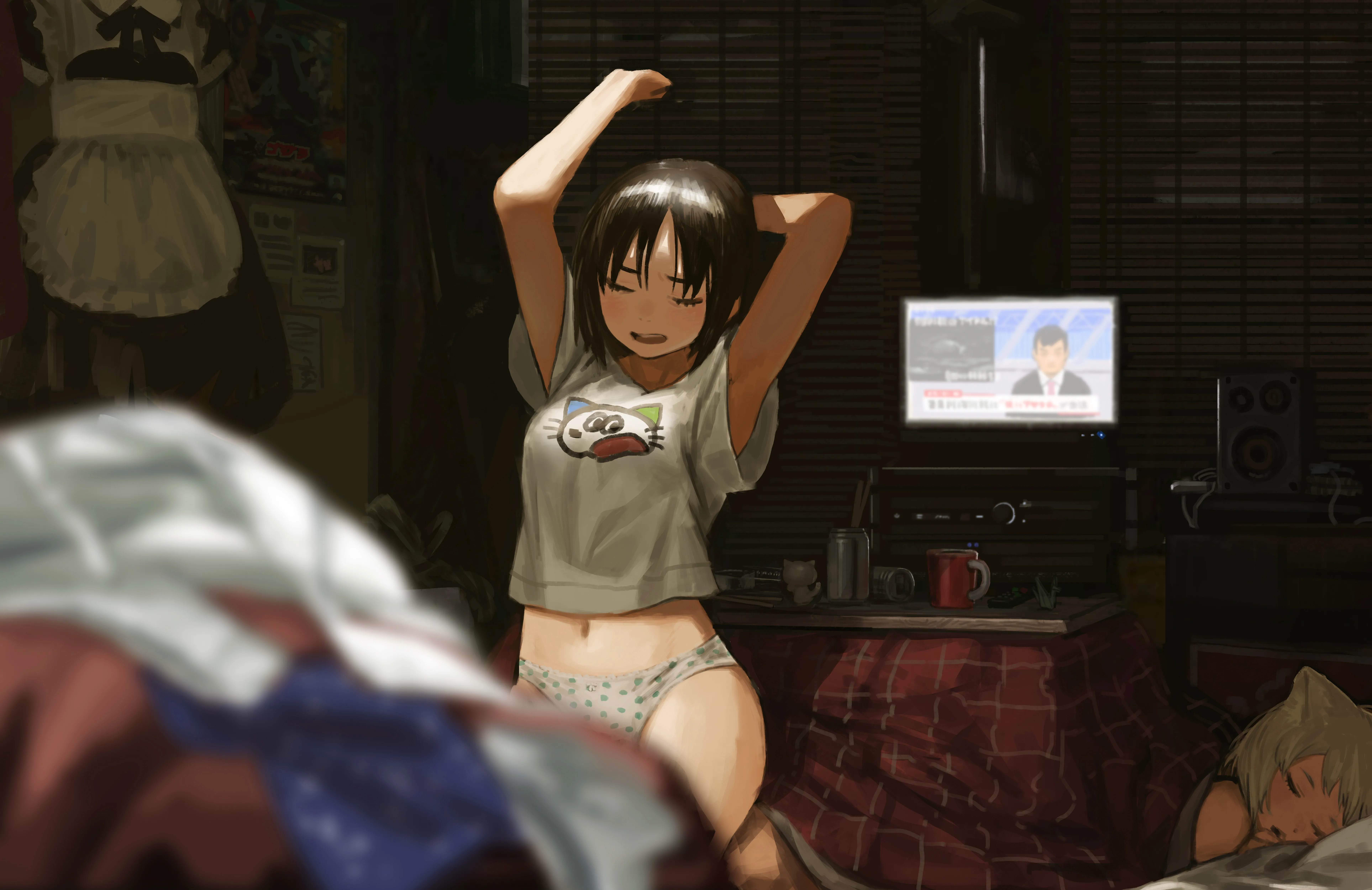 2girls,3girls,t-shirt,arms_up,stretching,animal_ears,underwear,panties,blurry_foreground,closed_eyes,apron,multiple_girls,maid,indoors,open_mouth,can,depth_of_field,table,blurry,horizontal,poster_object,cat_ears,television,white_panties,white_shirt,sleeping,short_hair,air_conditioner,navel,armpits,shirt,kotatsu,blonde_hair,midriff,speaker,black_hair