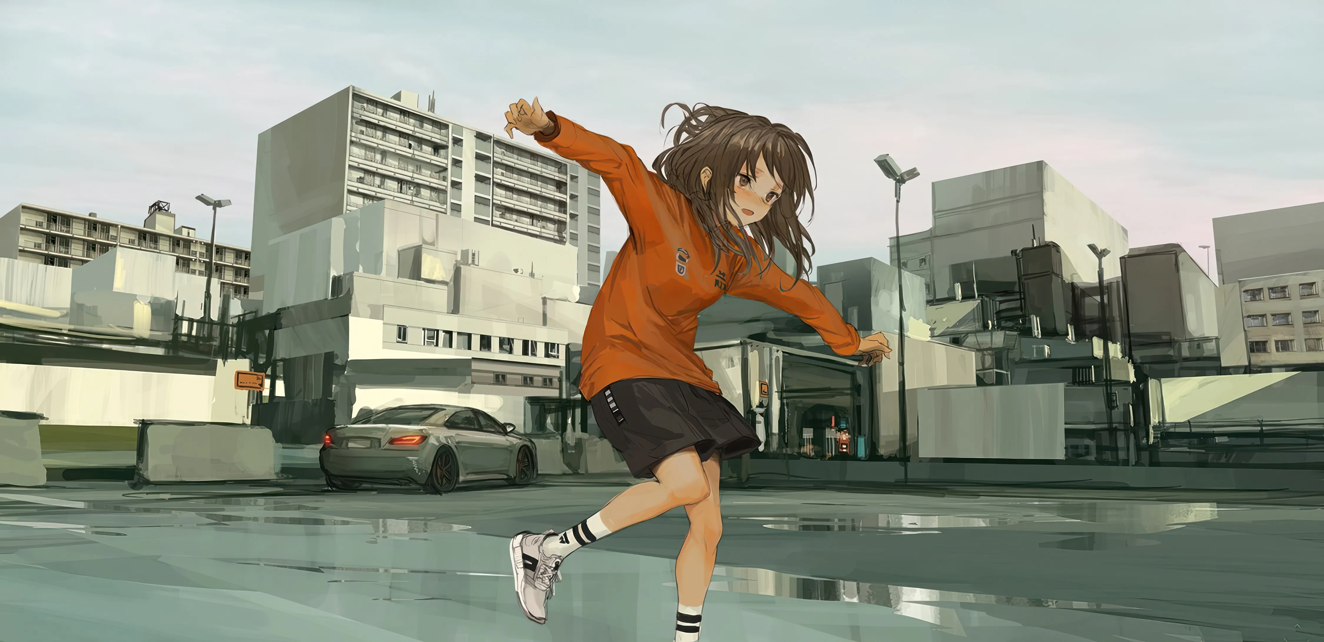 1girl,outstretched_arms,hood,solo,ground_vehicle,city,sky,building,open_mouth,outdoors,motor_vehicle,striped,brown_hair,brown_eyes,horizontal,car,day,white_footwear,skirt,shorts,smile,socks,lamppost,sneakers,hoodie,long_hair,long_sleeves,shoes,scenery,black_skirt