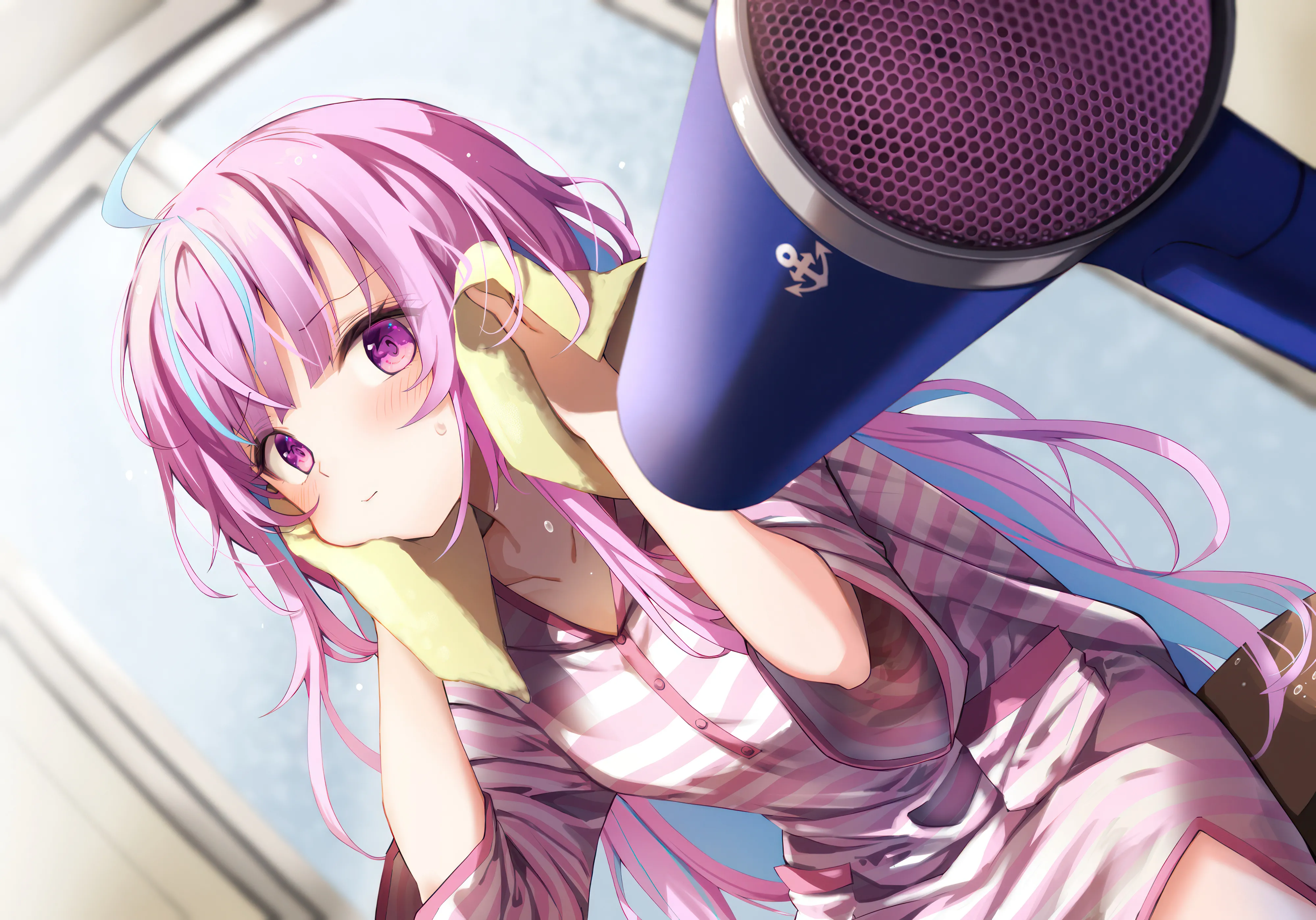 1girl,virtual_youtuber,dutch_angle,colored_inner_hair,bangs,solo,two-tone_hair,hair_dryer,ahoge,closed_mouth,sitting,multicolored_hair,indoors,drying,drying_hair,very_long_hair,hair_down,holding,holding_towel,streaked_hair,striped,striped_shirt,blurry,blurry_background,horizontal,towel,looking_at_viewer,pink_hair,purple_hair,purple_eyes,blush,blue_hair,shirt,collarbone,anchor_symbol,long_hair,long_sleeves