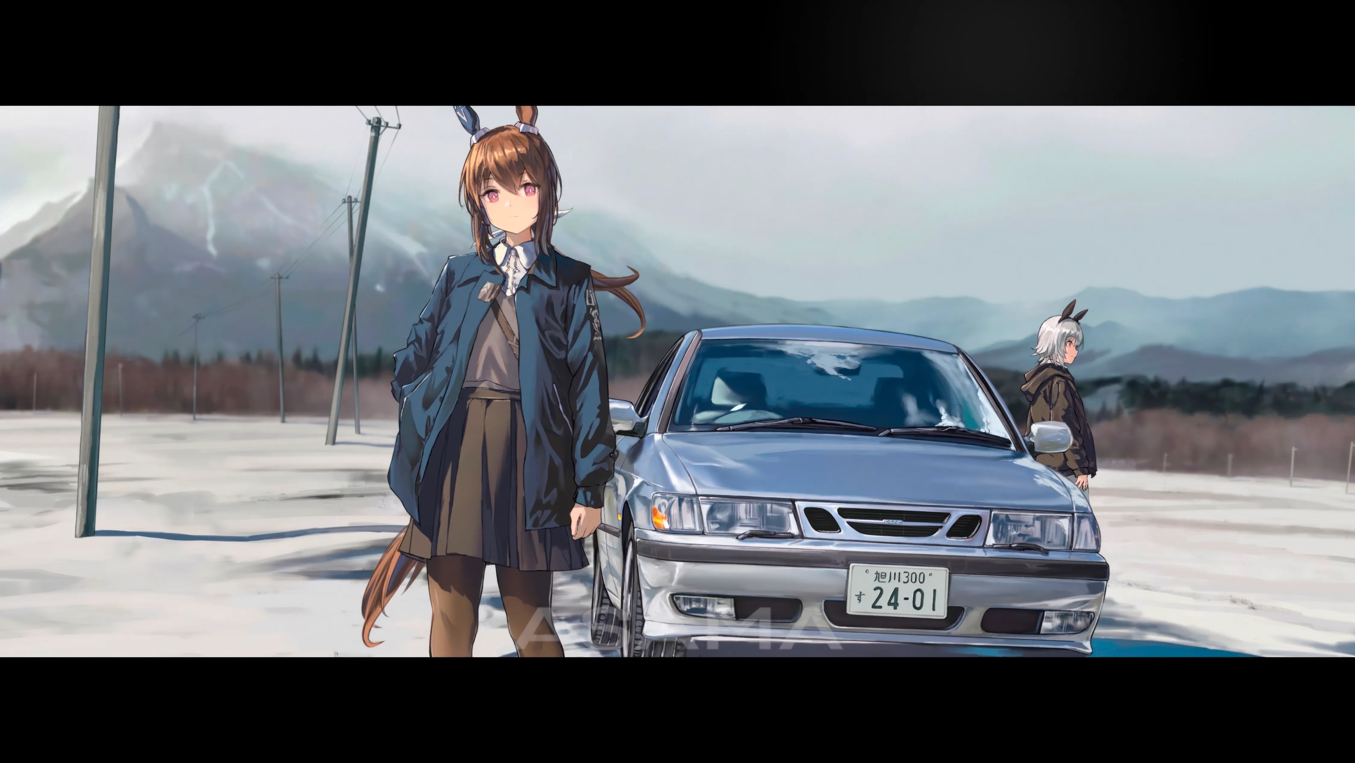 2girls,animal_ears,ear_covers,ground_vehicle,multiple_girls,jacket,tail,mountain,outdoors,motor_vehicle,brown_hair,horizontal,car,grey_sky,grey_hair,letterboxed,white_hair,looking_at_viewer,short_hair,skirt,purple_eyes,blue_coat,blue_jacket,sports_car,vehicle_focus,pantyhose,long_hair,snow,horse_girl,horse_tail,ponytail,horse_ears