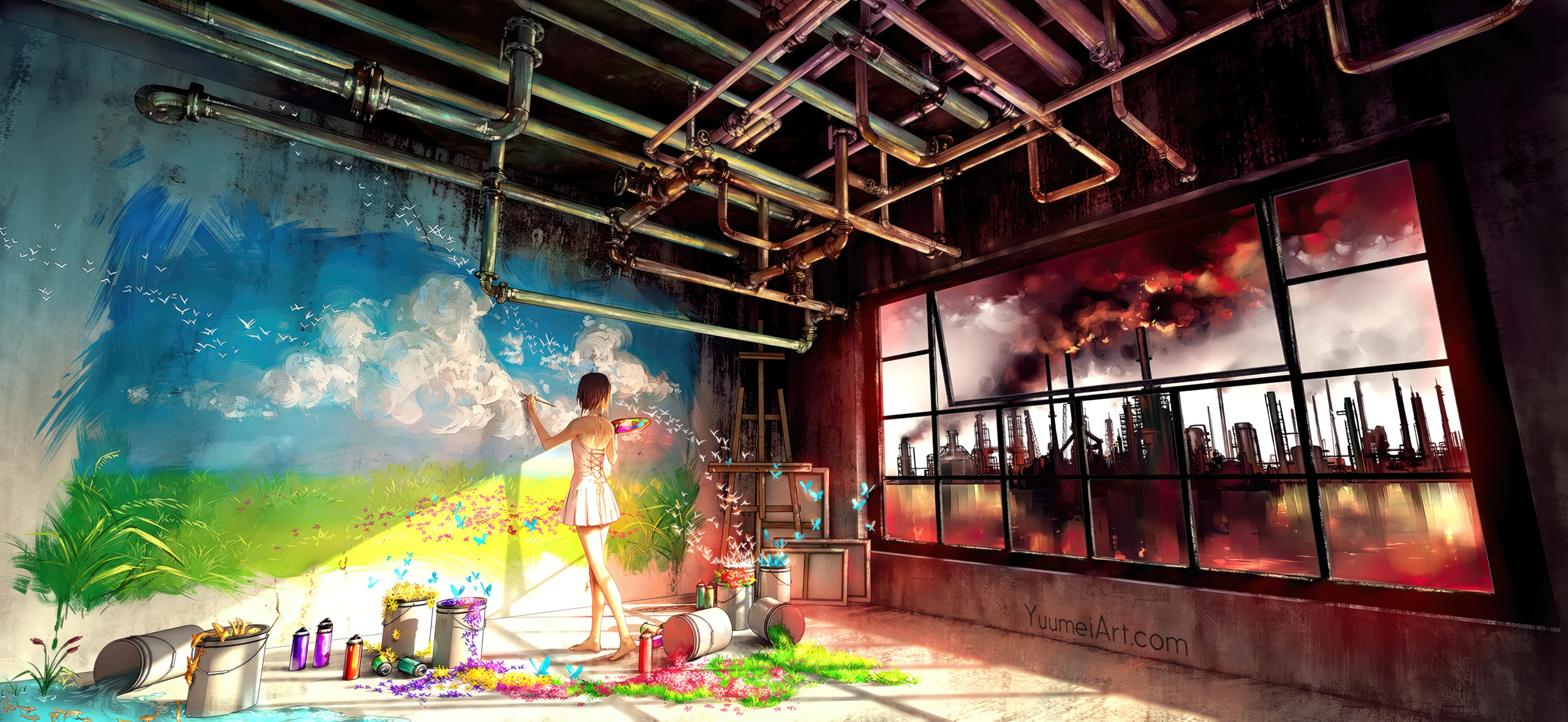 1girl,cloud,solo,sky,indoors,holding,holding_paintbrush,painting_object,plant,horizontal,painting_action,paint_splatter,canvas_object,easel,art_brush,white_dress,short_hair,window,standing,paintbrush,grass,barefoot,palette_object,dress,paint,scenery,flower,black_hair