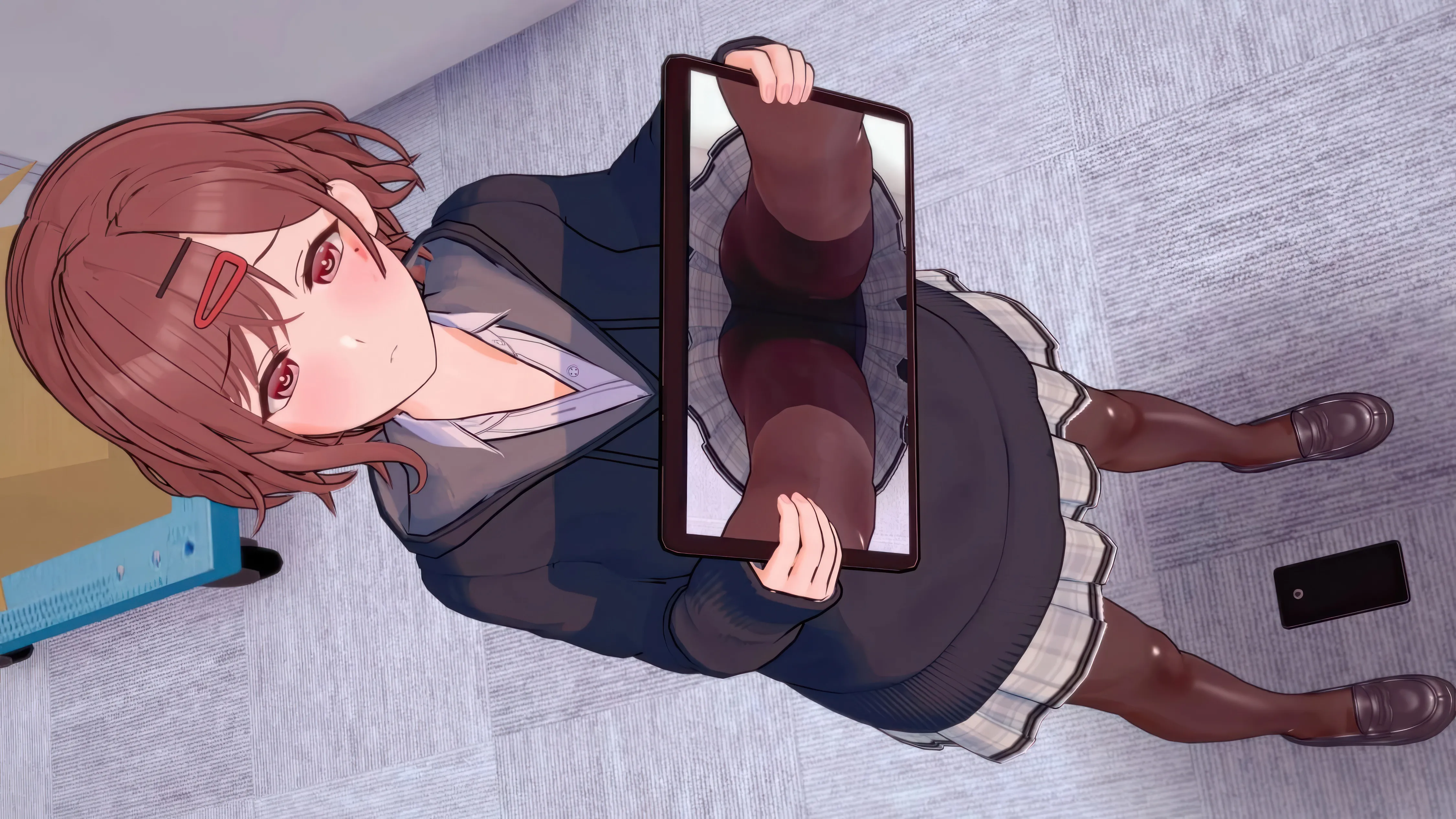 1girl,loafers,from_above,full_body,bangs,solo,hairclip,hair_ornament,tablet_pc,phone,holding_phone,holding,smartphone,brown_hair,horizontal,sweater,mole_under_eye,mole,white_shirt,pleated_skirt,looking_at_viewer,short_hair,skirt,cellphone,red_eyes,blush,shirt,pantyhose,long_sleeves,shoes,black_pantyhose