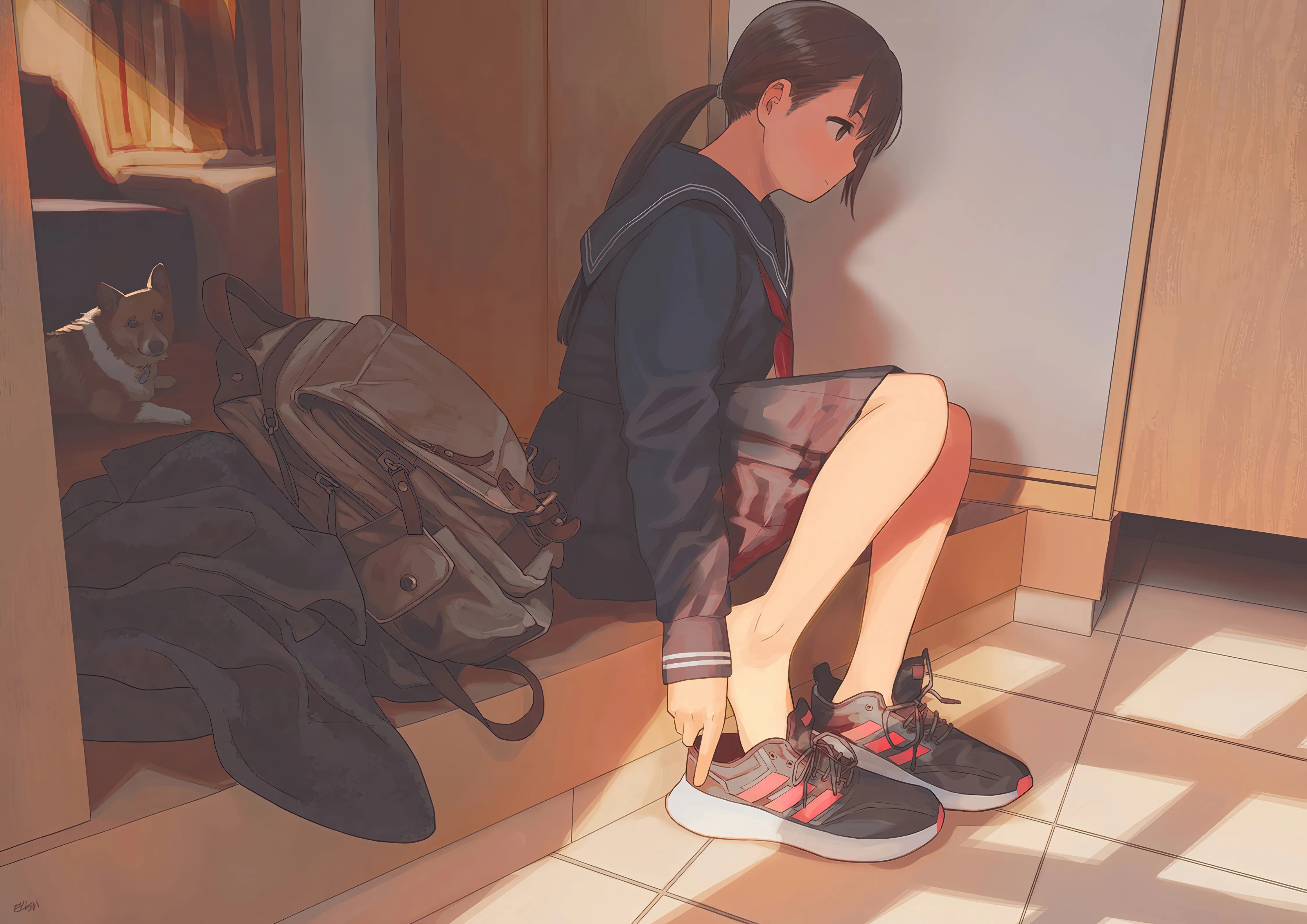 1girl,neckerchief,bag,solo,sitting,school_uniform,horizontal,serafuku,sailor_collar,skirt,sneakers,long_sleeves,shoes,ponytail,black_hair