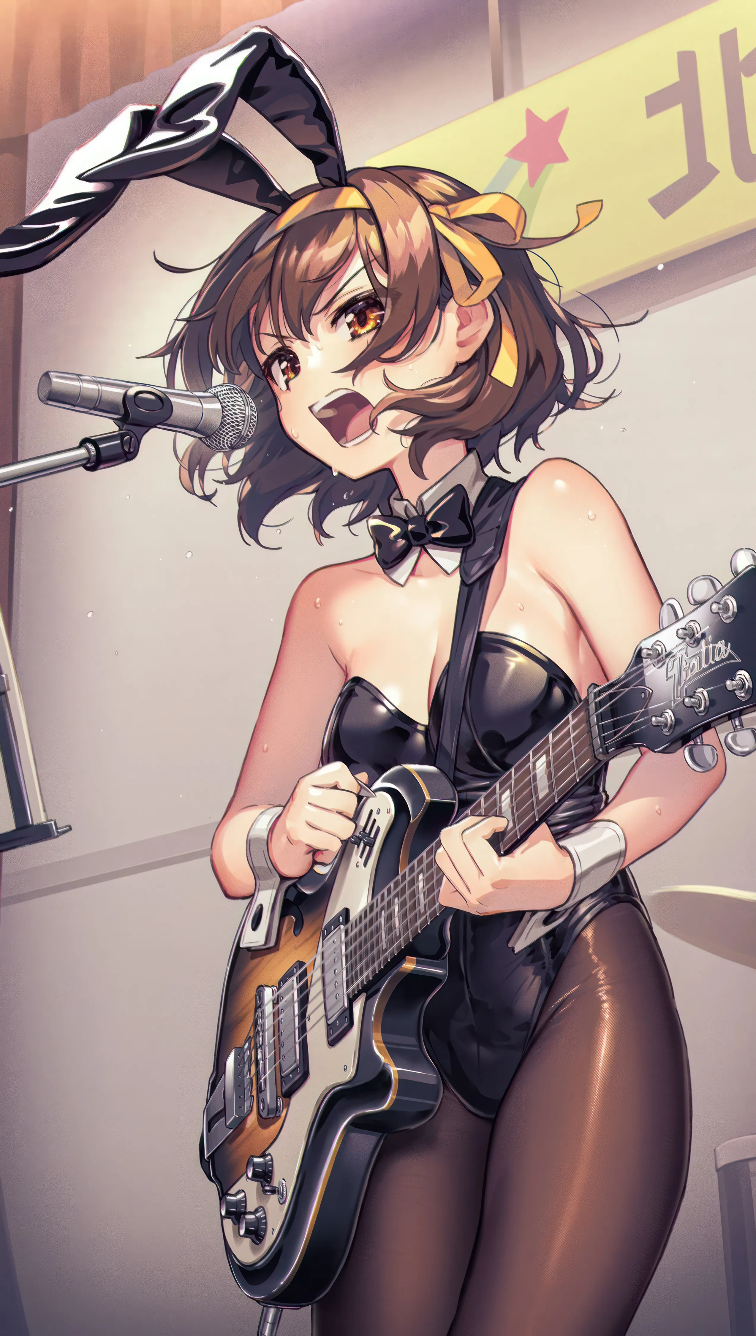 1girl,cowboy_shot,ribbon,medium_breasts,medium_hair,instrument,breasts,cleavage,playboy_bunny,rabbit_ears,animal_ears,bangs,fake_animal_ears,solo,hairband,guitar,singing,hair_ribbon,official_alternate_costume,indoors,open_mouth,holding_instrument,holding,strapless,strapless_leotard,brown_hair,brown_eyes,sweat,playing_instrument,teeth,electric_guitar,looking_at_viewer,short_hair,vertical,standing,wrist_cuffs,leotard,bow,pantyhose,bare_shoulders,music,bowtie,detached_collar,microphone,microphone_stand,yellow_ribbon,yellow_hairband,black_bow,black_pantyhose,black_leotard,black_bowtie