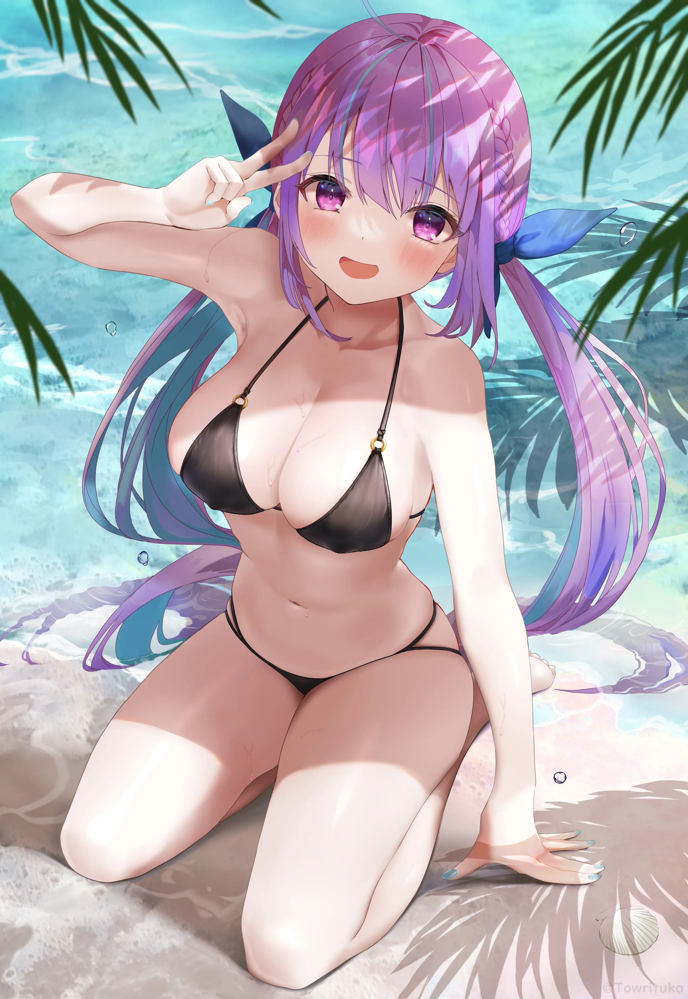 1girl,virtual_youtuber,braid,ribbon,arm_up,breasts,cleavage,colored_inner_hair,bangs,solo,two-tone_hair,twintails,ahoge,sitting,multicolored_hair,thighs,hair_ribbon,stomach,open_mouth,very_long_hair,outdoors,hand_up,nail_polish,streaked_hair,v,bikini,water,swimsuit,starfish,beach,day,looking_at_viewer,vertical,smile,string_bikini,purple_hair,purple_eyes,halterneck,navel,blush,blue_ribbon,blue_hair,blue_nails,wet,bare_arms,barefoot,kneeling,large_breasts,collarbone,long_hair,bare_shoulders,black_bikini