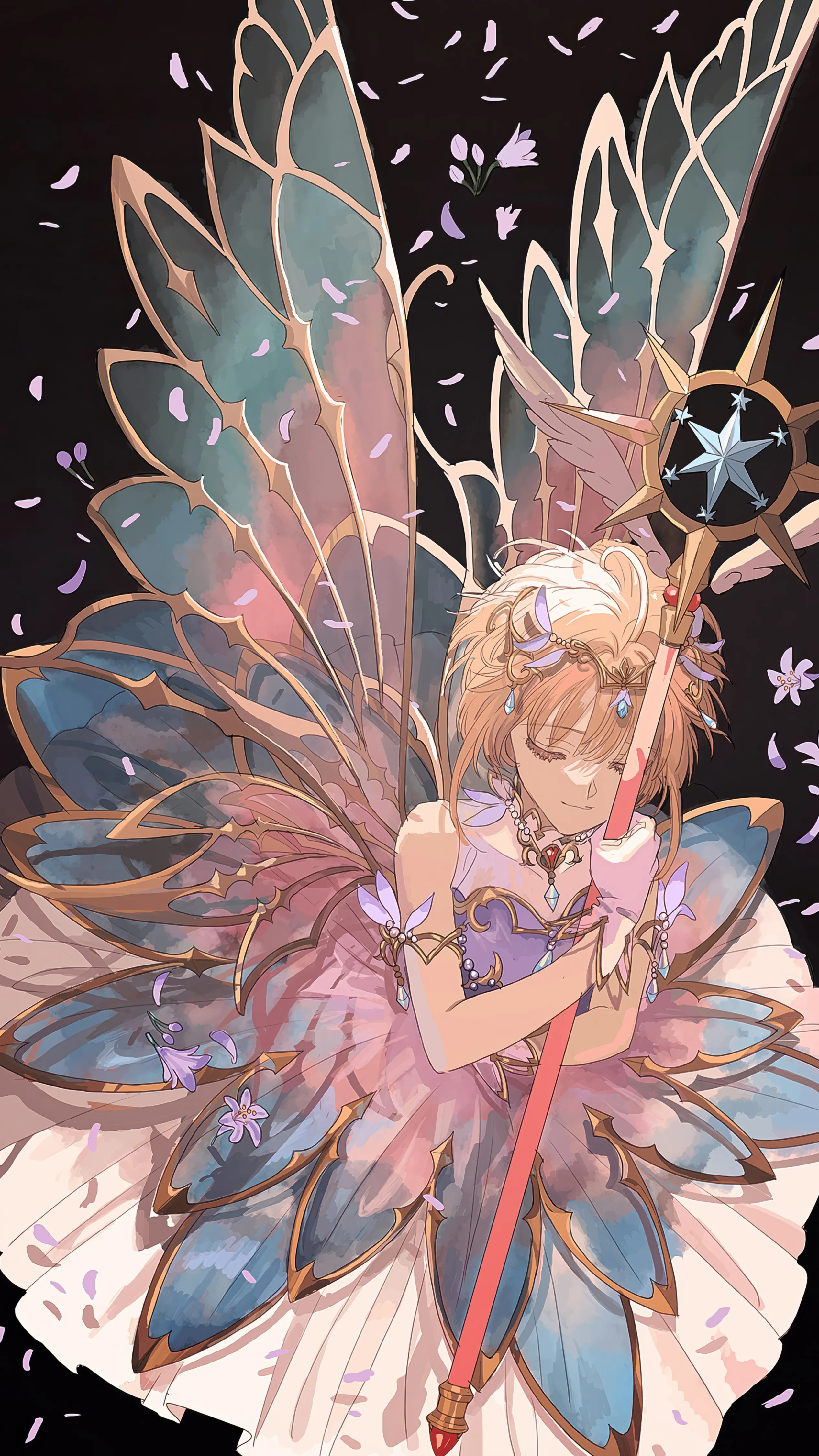 1girl,antenna_hair,bangs,solo,closed_eyes,closed_mouth,hair_ornament,gloves,holding_staff,holding,sleeveless,sleeveless_dress,staff,brown_hair,short_hair,vertical,wings,petals,butterfly_wings,dress,bare_shoulders,wand,magical_girl,flower,black_background