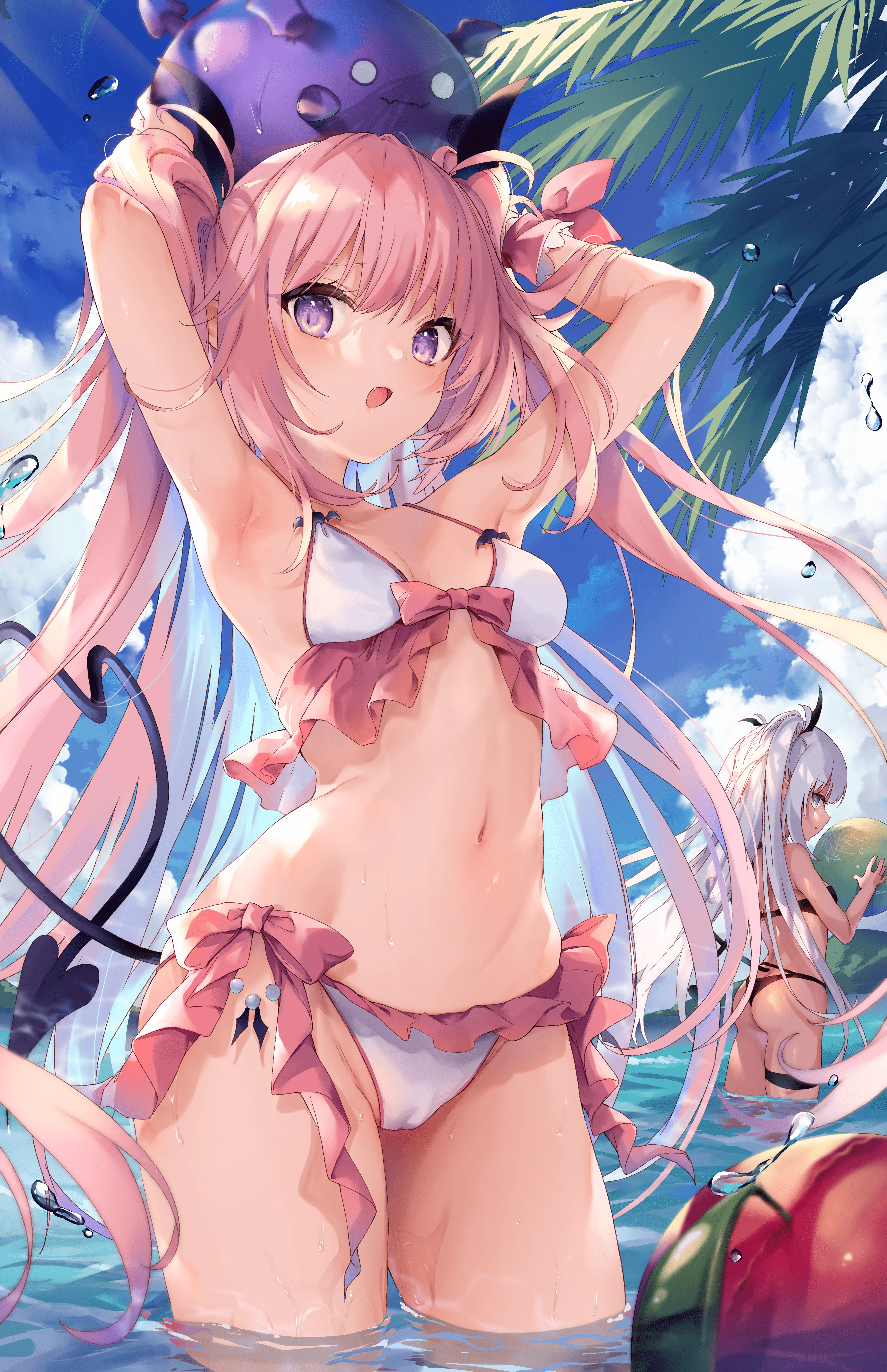 2girls,ribbon,arms_up,breasts,cleavage,cloud,twintails,multiple_girls,thighs,sky,hair_ribbon,sidelocks,pointy_ears,two_side_up,stomach,tail,ass,open_mouth,very_long_hair,heart_tail,demon_girl,demon_tail,outdoors,holding_ball,holding,bikini,water,beachball,swimsuit,wading,dark_skin,grey_hair,ball,day,white_bikini,looking_at_viewer,vertical,standing,pink_hair,multi-strapped_bikini,string_bikini,purple_eyes,halterneck,navel,blush,armpits,frills,frilled_bikini,fang,bow,cameltoe,wet,bare_arms,small_breasts,long_hair,sunlight,bare_shoulders,dark-skinned_female,black_bikini