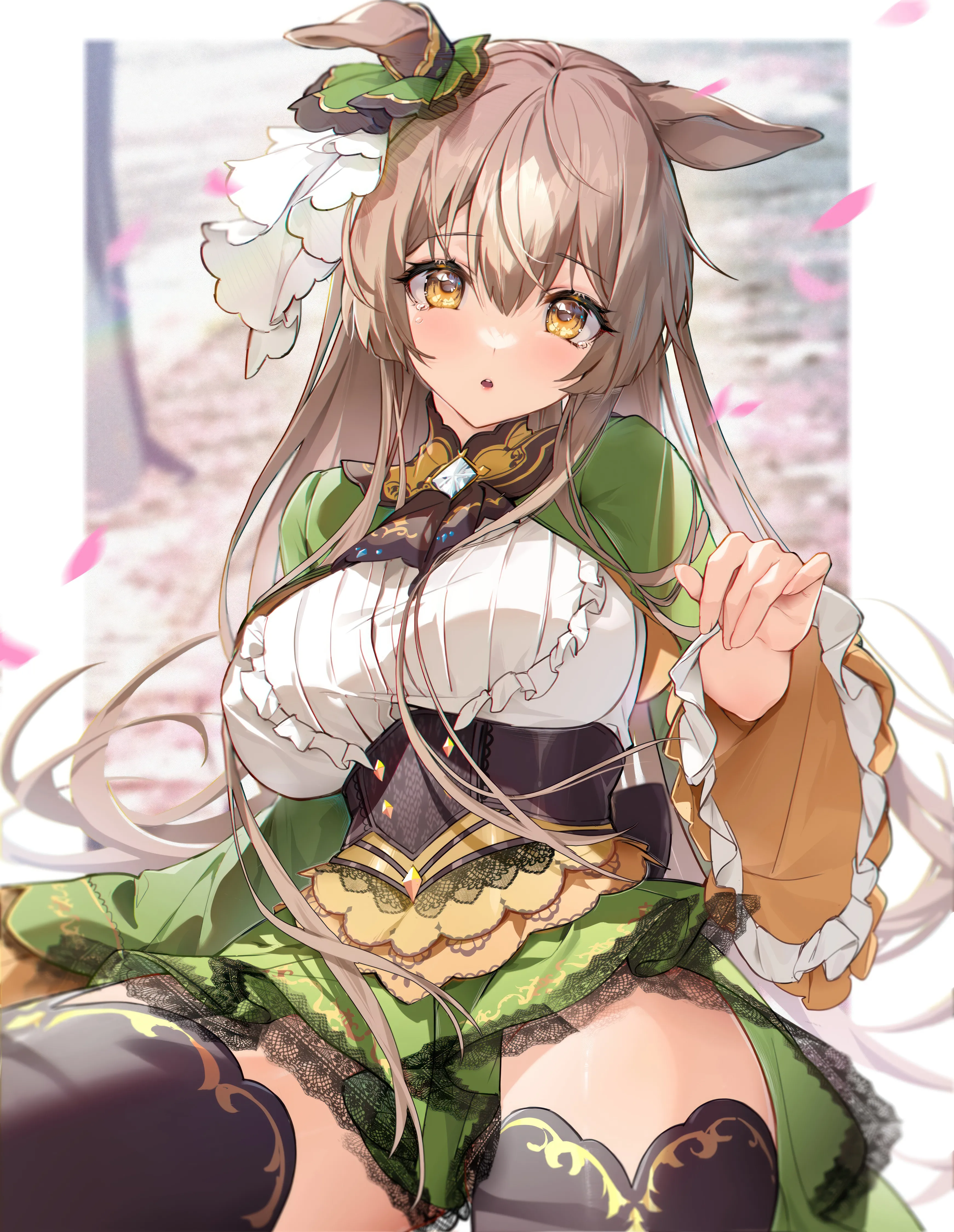 1girl,breasts,half_updo,animal_ears,bangs,solo,sitting,thighs,hair_between_eyes,open_mouth,very_long_hair,parted_lips,brown_hair,brown_eyes,ear_ornament,white_shirt,looking_at_viewer,skirt,vertical,green_jacket,green_skirt,blush,petals,frills,shirt,large_breasts,thighhighs,long_hair,long_sleeves,horse_girl,horse_ears,yellow_eyes,black_thighhighs