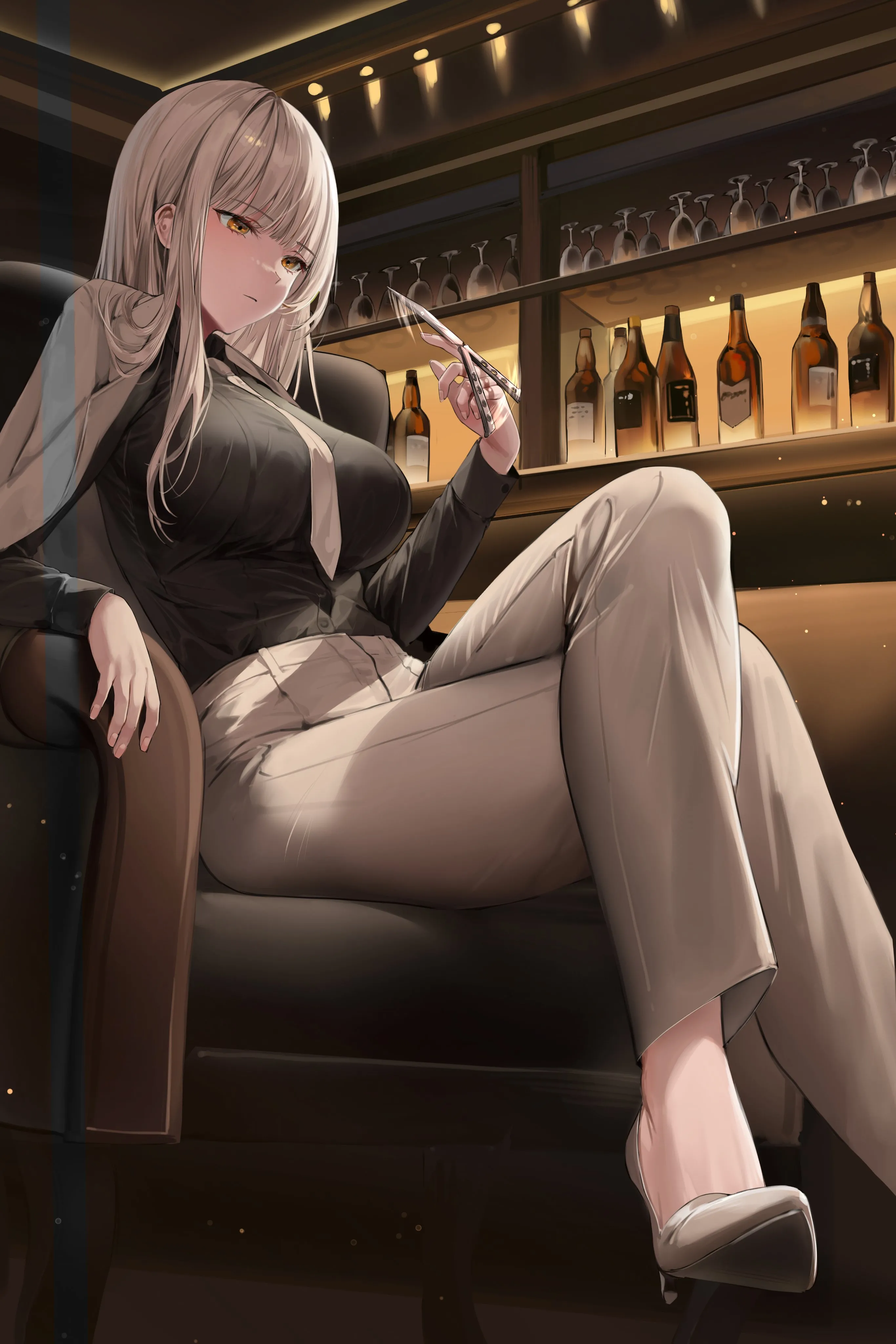 1girl,breasts,crossed_legs,bangs,solo,sitting,jacket,indoors,holding_cup,holding,collared_shirt,cup,chair,formal,bottle,jacket_on_shoulders,white_hair,white_pants,white_necktie,looking_at_viewer,vertical,wine_glass,shirt,shirt_tucked_in,pants,large_breasts,alcohol,drinking_glass,wine_bottle,long_hair,long_sleeves,necktie,high_heels,yellow_eyes,black_shirt