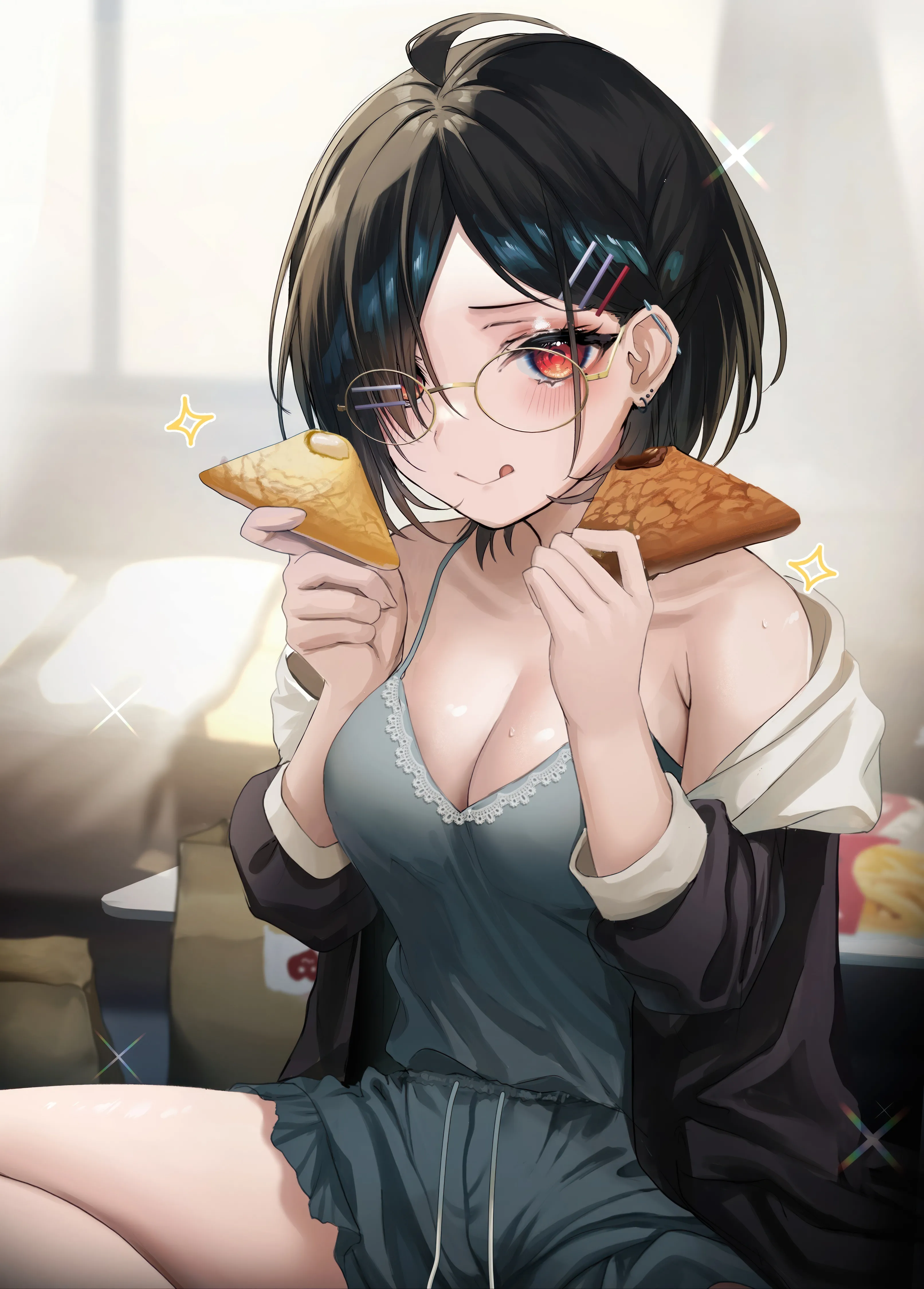 1girl,medium_breasts,breasts,cleavage,bangs,solo,hands_up,hairclip,tongue_out,ahoge,closed_mouth,sitting,hair_ornament,hair_over_one_eye,jacket,camisole,indoors,holding,holding_food,wagashi,looking_at_viewer,glasses,short_hair,shorts,piercing,ear_piercing,vertical,smile,short_shorts,red_eyes,blush,tongue,licking_lips,sparkle,shirt,open_clothes,large_breasts,collarbone,long_sleeves,bare_shoulders,off_shoulder,food,taiyaki,black_hair,black_jacket