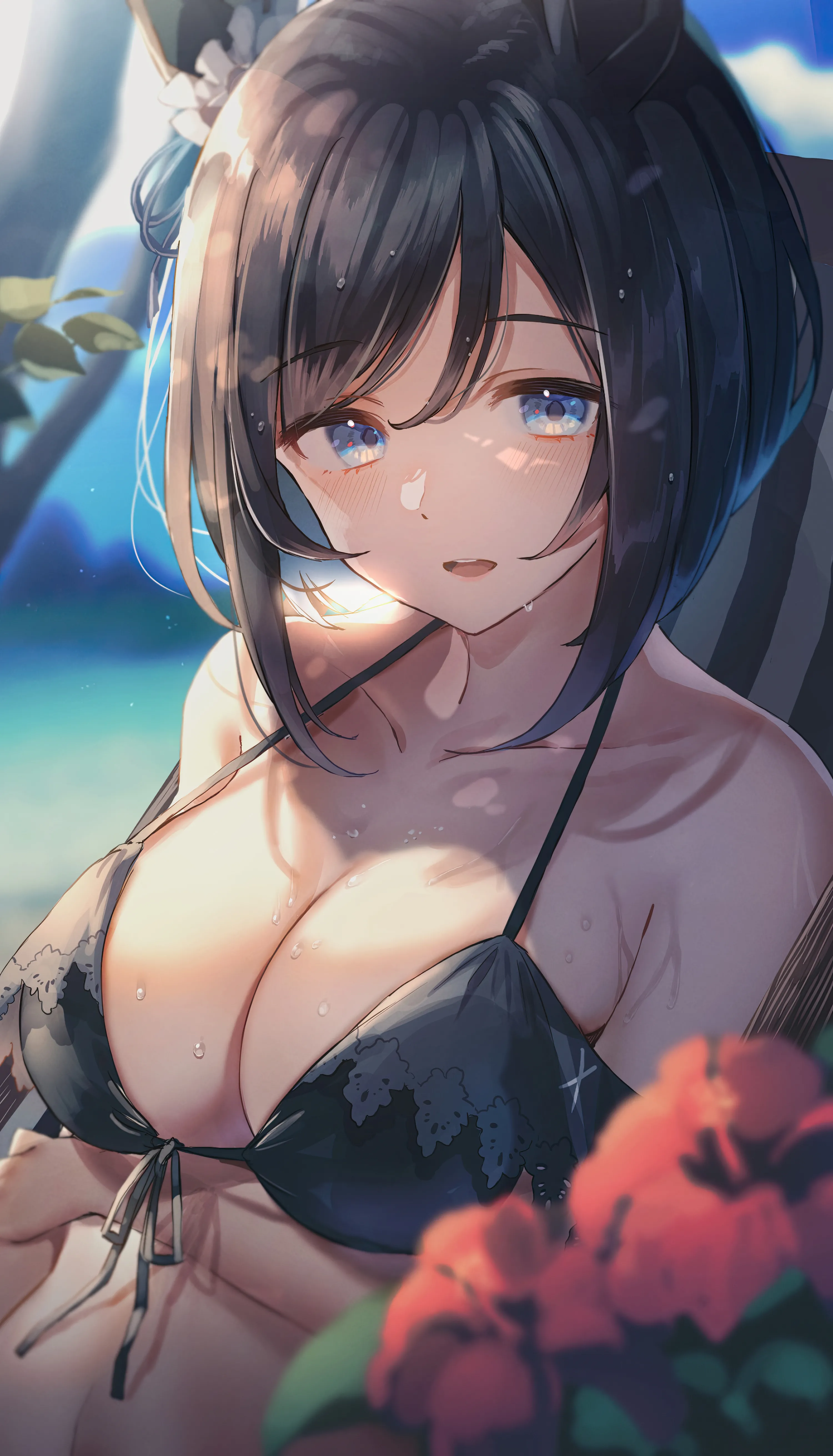 1girl,breasts,cleavage,upper_body,front-tie_top,animal_ears,bangs,solo,open_mouth,outdoors,scrunchie,depth_of_field,blurry,bikini,swimsuit,beach,day,looking_at_viewer,short_hair,vertical,smile,red_flower,front-tie_bikini_top,blush,blue_eyes,wet,large_breasts,collarbone,bare_shoulders,horse_girl,horse_ears,flower,black_hair,black_bikini