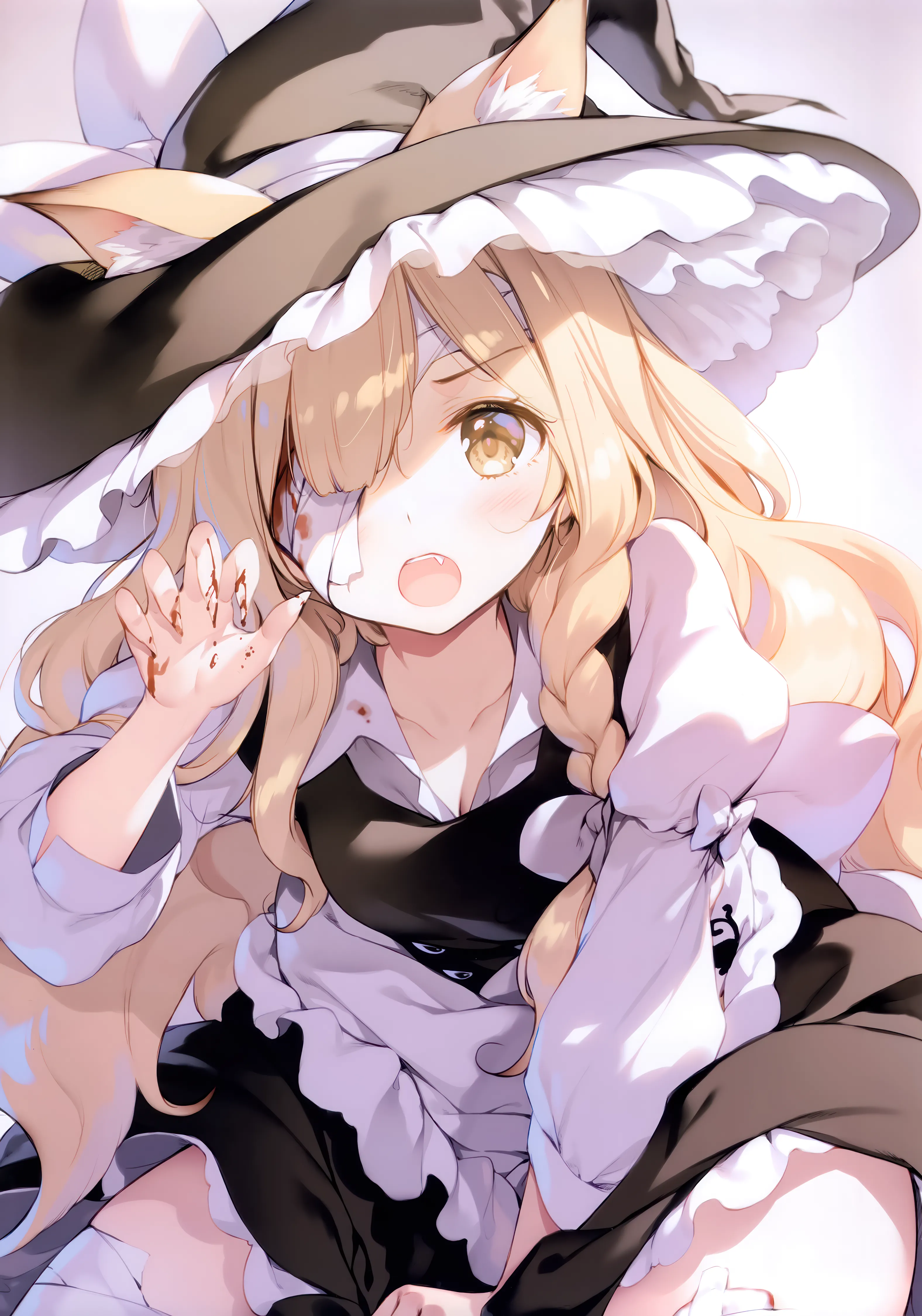 1girl,braid,between_legs,breasts,animal_ears,bangs,bandaid,solo,single_braid,claw_pose,apron,witch_hat,waist_apron,hat_bow,hat,open_mouth,hand_between_legs,juliet_sleeves,simple_background,cat_ears,white_apron,white_background,white_bow,white_shirt,looking_at_viewer,skirt,vertical,bandages,bandage_over_one_eye,animal_ear_fluff,vest,blush,frills,puffy_sleeves,fang,bow,blood,shirt,kemonomimi_mode,dress,blonde_hair,collarbone,long_hair,long_sleeves,yellow_eyes,black_headwear,black_dress,black_vest