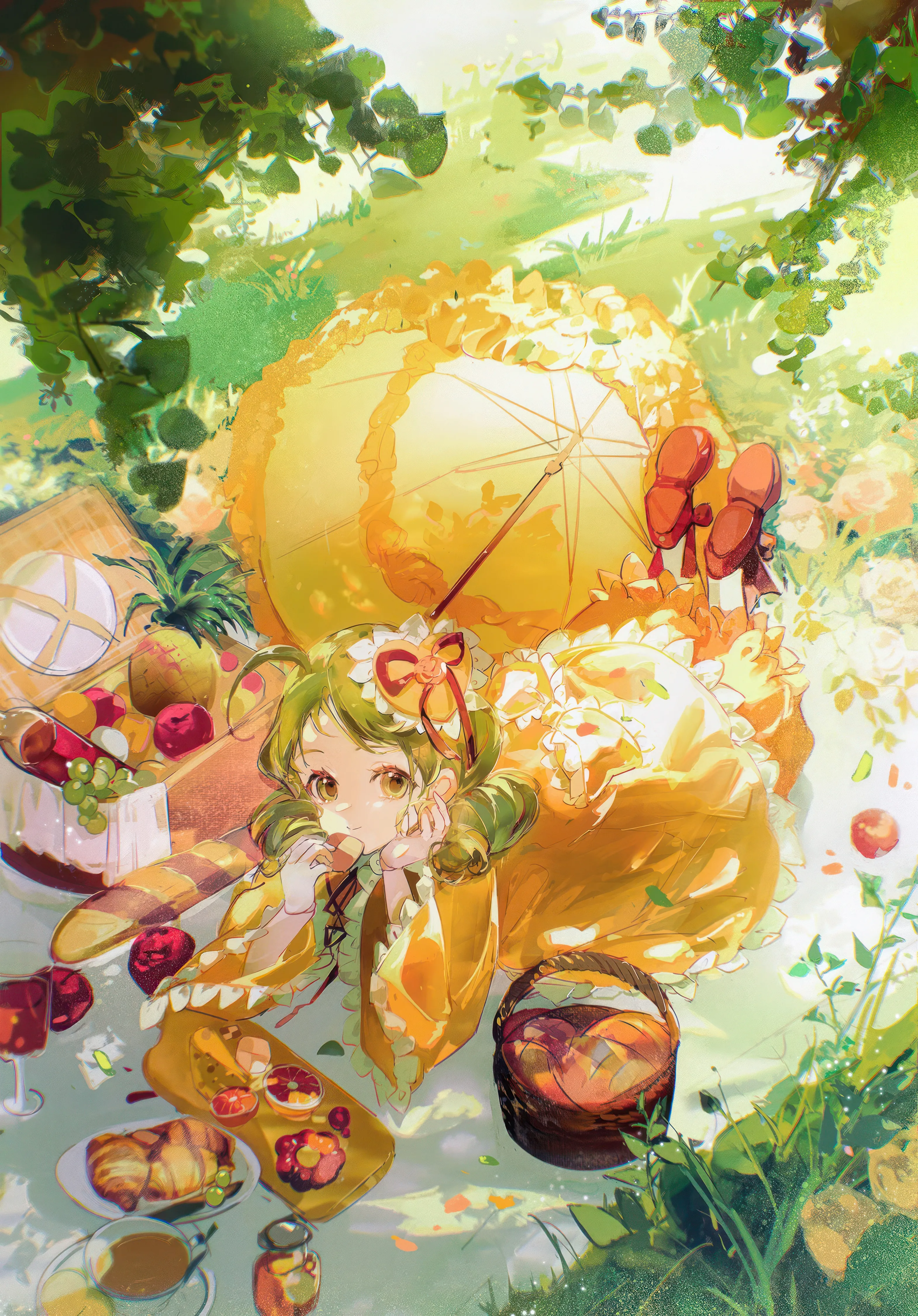 1girl,full_body,bangs,solo,twin_drills,twintails,leaf,hair_ornament,wide_sleeves,outdoors,holding,cup,fruit,day,plate,looking_at_viewer,vertical,basket,red_footwear,green_hair,green_eyes,frills,frilled_dress,apple,teacup,grass,bow,hair_bow,on_stomach,lying,dress,picnic,picnic_basket,drill_hair,long_sleeves,parasol,umbrella,bread,shoes,shoe_soles,food,flower,yellow_dress