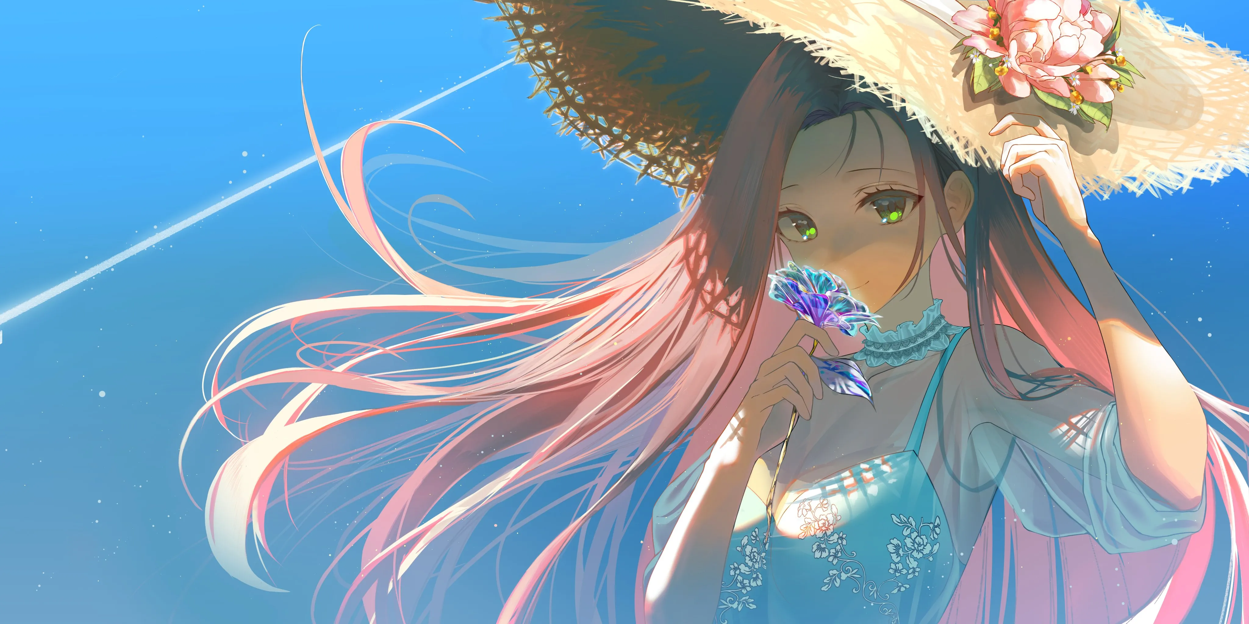 1girl,medium_breasts,breasts,cleavage,upper_body,see-through,solo,closed_mouth,sky,sun_hat,hat_flower,hat,very_long_hair,outdoors,hand_on_headwear,hand_up,holding,holding_flower,horizontal,day,looking_at_viewer,smile,pink_hair,pink_flower,green_eyes,straw_hat,blue_sky,blue_dress,dress,long_hair,choker,floating_hair,flower