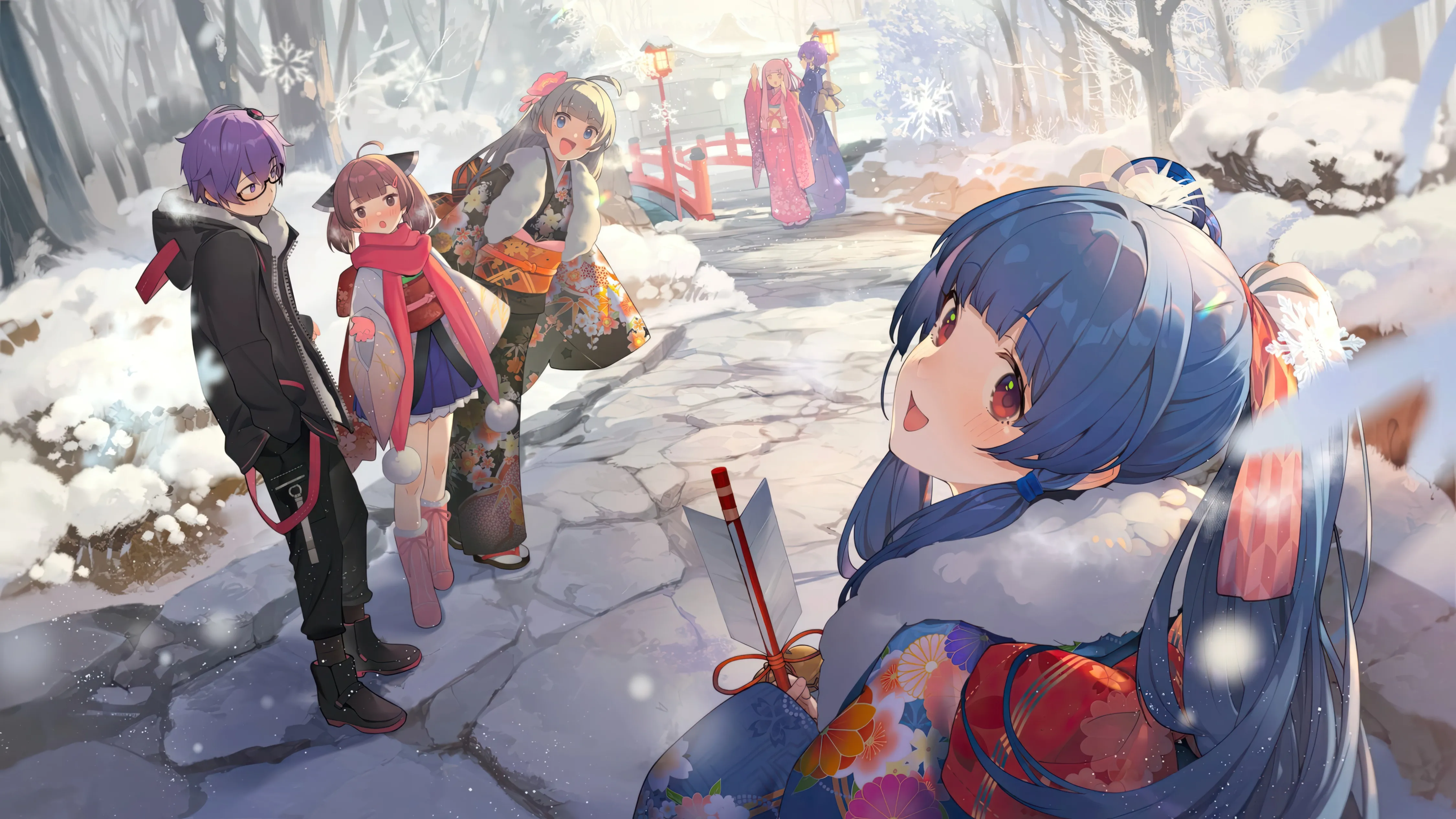 1boy,5girls,snowing,ribbon,hood,winter,bangs,hands_in_pockets,hairband,stairs,ahoge,kimono,obi,looking_back,scarf,coat,multiple_girls,siblings,hair_ribbon,hair_ornament,sidelocks,jacket,sisters,wide_sleeves,open_mouth,very_long_hair,outdoors,holding,new_year,japanese_clothes,sash,tree,brown_hair,horizontal,fur_trim,hood_down,lantern,grey_hair,white_kimono,pleated_skirt,blunt_bangs,looking_at_viewer,glasses,short_hair,skirt,hamaya,headgear,standing,smile,arrow_projectile,pink_kimono,pink_footwear,purple_hair,purple_eyes,red_ribbon,red_eyes,blush,floral_print,blue_kimono,blue_hair,blue_eyes,blue_skirt,pants,hooded_jacket,blonde_hair,bell,long_hair,long_sleeves,boots,snow,ponytail,torii,black_jacket,black_pants,black_footwear