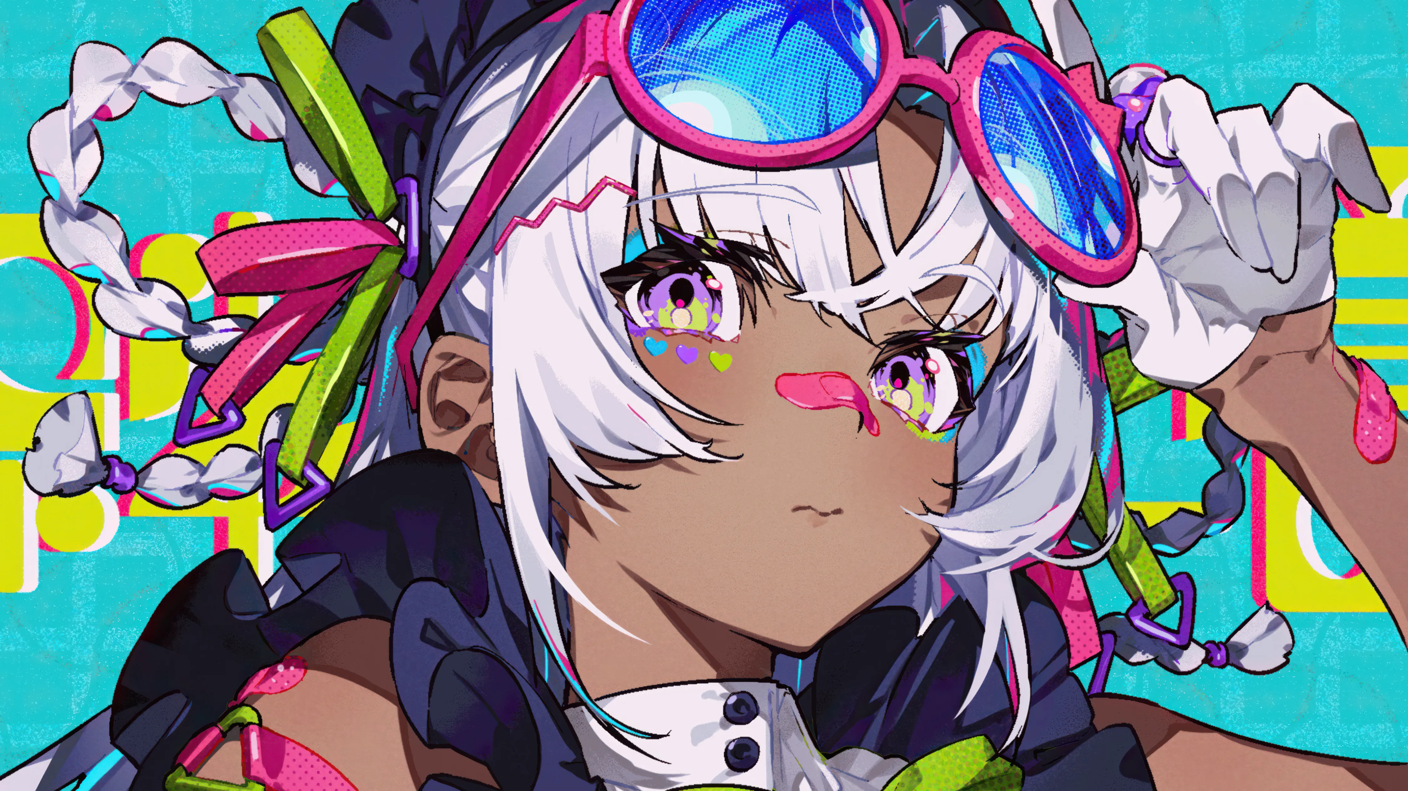 1girl,braid,twin_braids,bangs,bandaid,solo,closed_mouth,sunglasses,multicolored_eyes,portrait,gloves,adjusting_eyewear,tinted_eyewear,horizontal,dark_skin,white_hair,white_gloves,looking_at_viewer,glasses,eyewear_on_head,pink-framed_eyewear,pink-tinted_eyewear,purple_eyes,bandaid_on_face,long_hair,hair_rings,dark-skinned_female